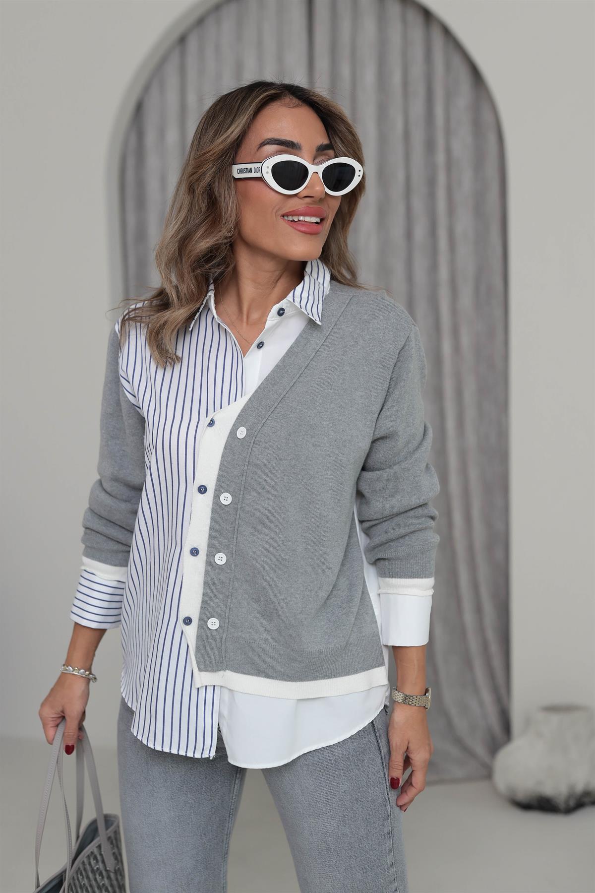 8912 Triko Garnili Manşetli Gömlek