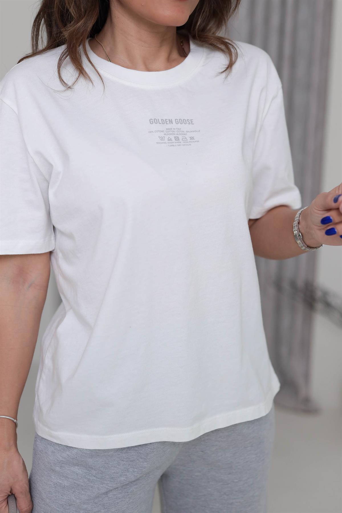1010 Bisiklet Yaka Yazı Detaylı Tshirt EKRU