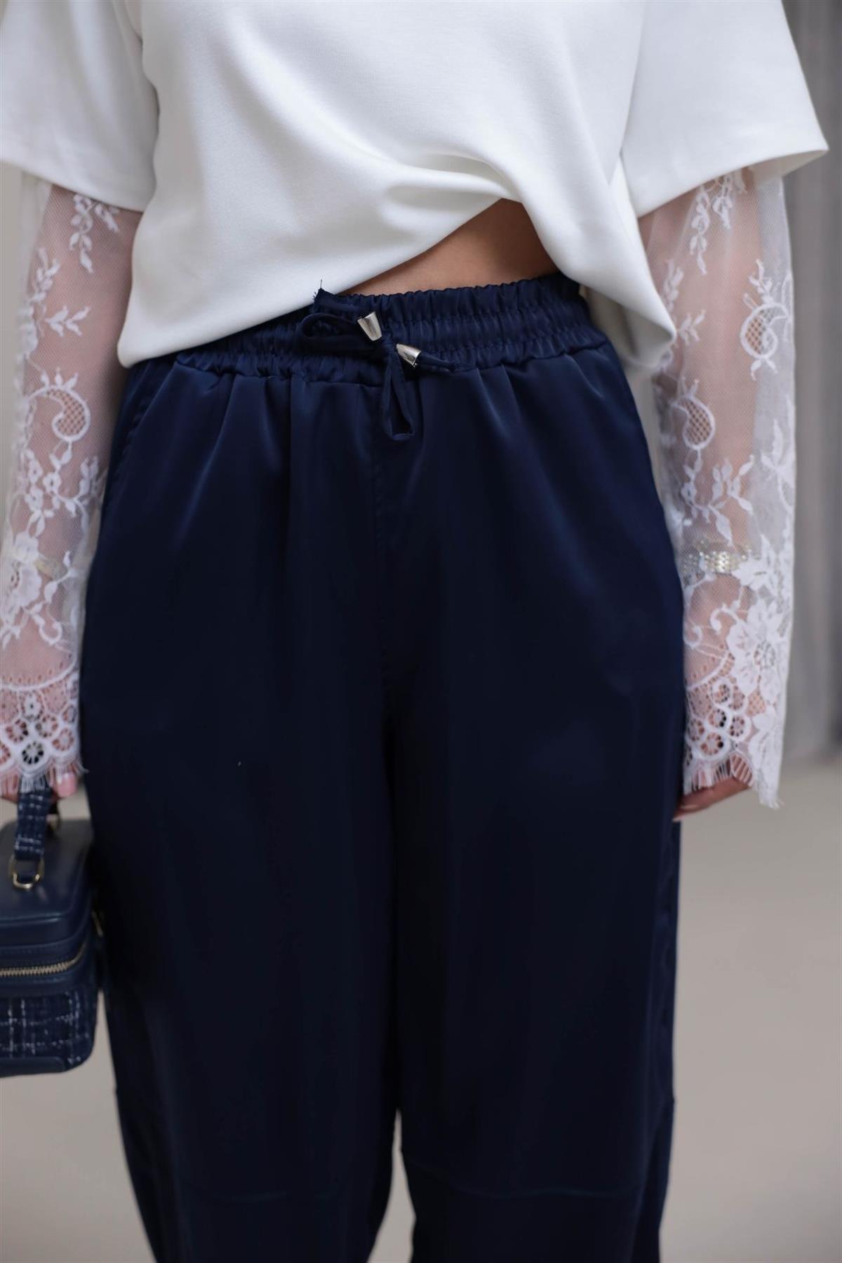 1121 Paça Büzgülü Bel Lastikli Saten Pantolon LACİVERT