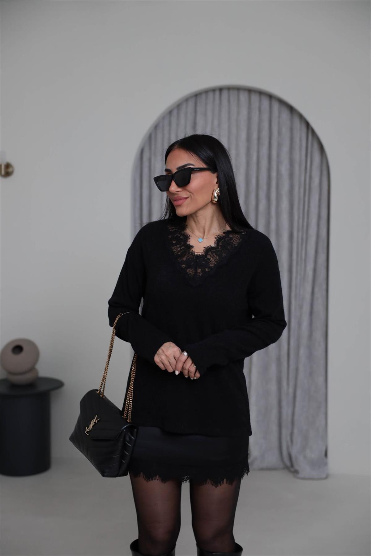 7296 V Yaka Dantelli Triko Kazak SİYAH