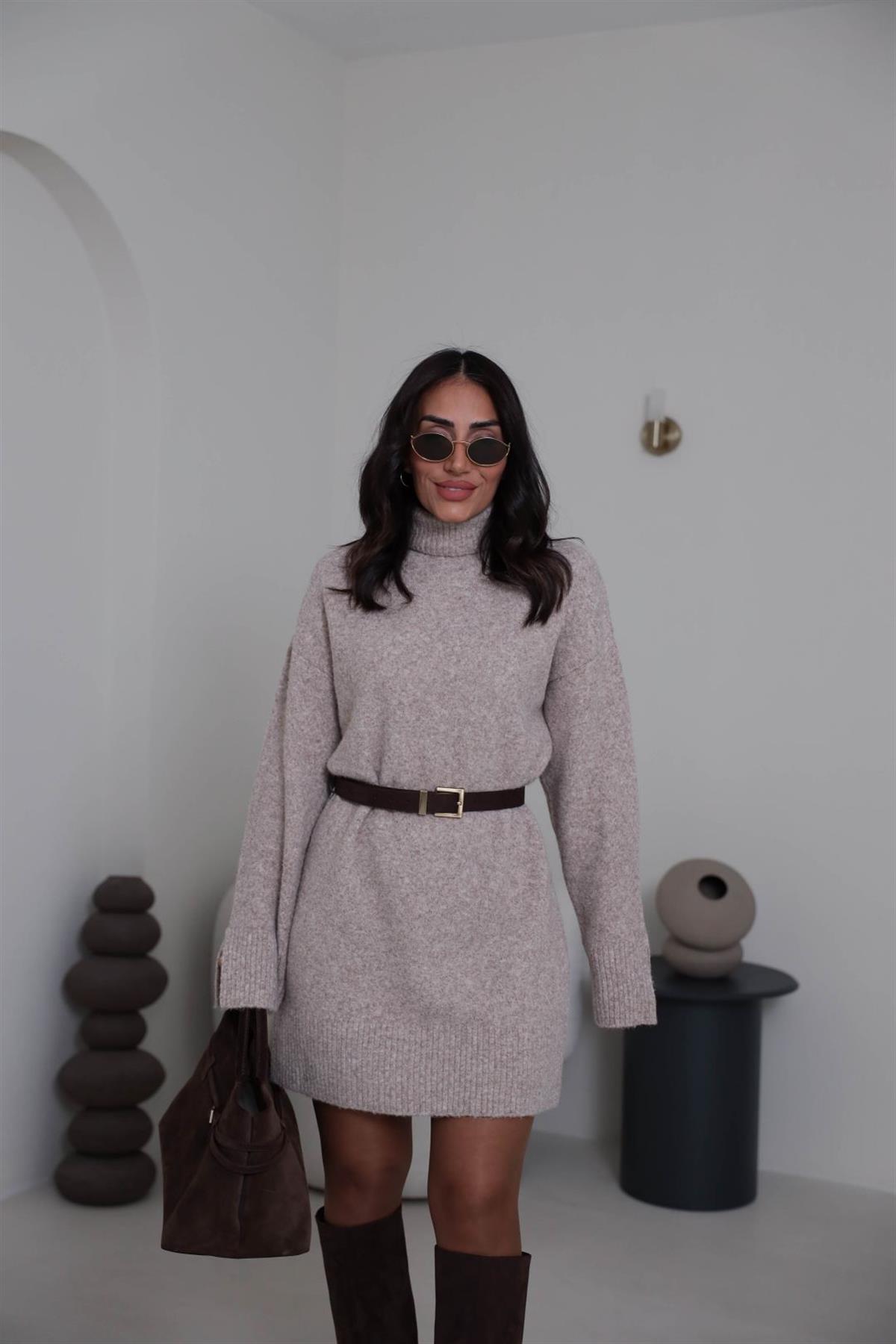 90265 Balıkçı Yaka Yumoş Triko Elbise VİZON