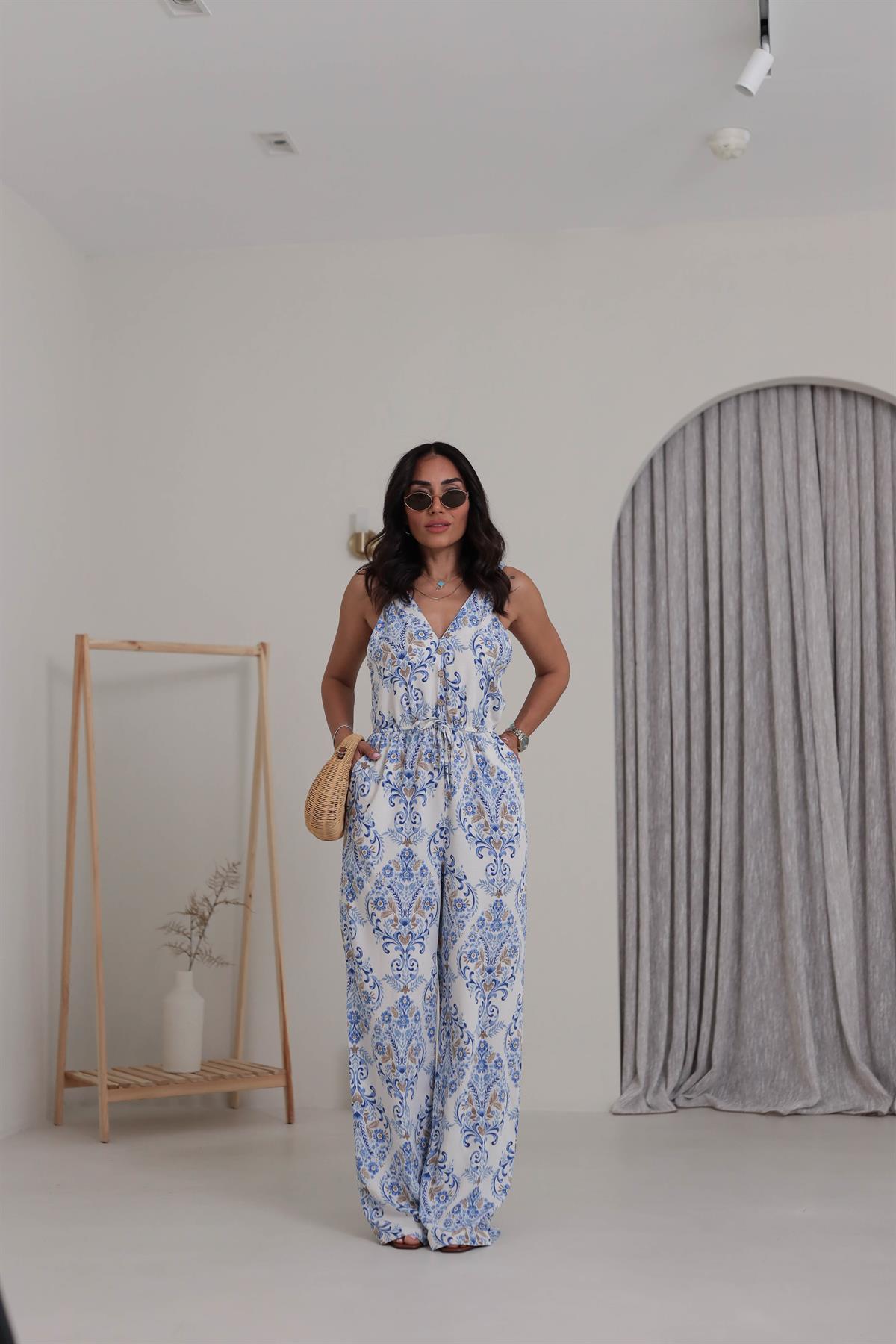 8790 Omuz ve Bel Lastikli Çiçek Desenli Tulum MAVİ