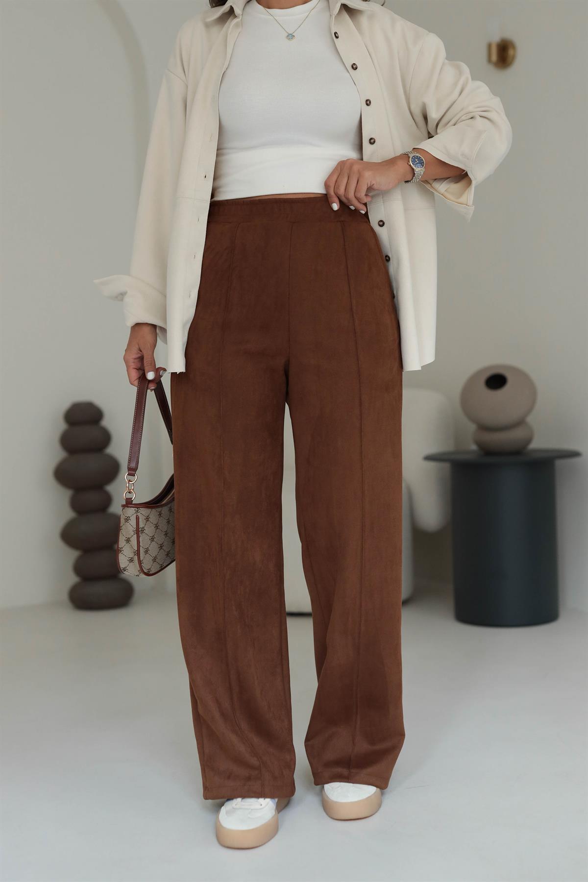 6632 Bel Lastikli Bol Nubuk Pantolon