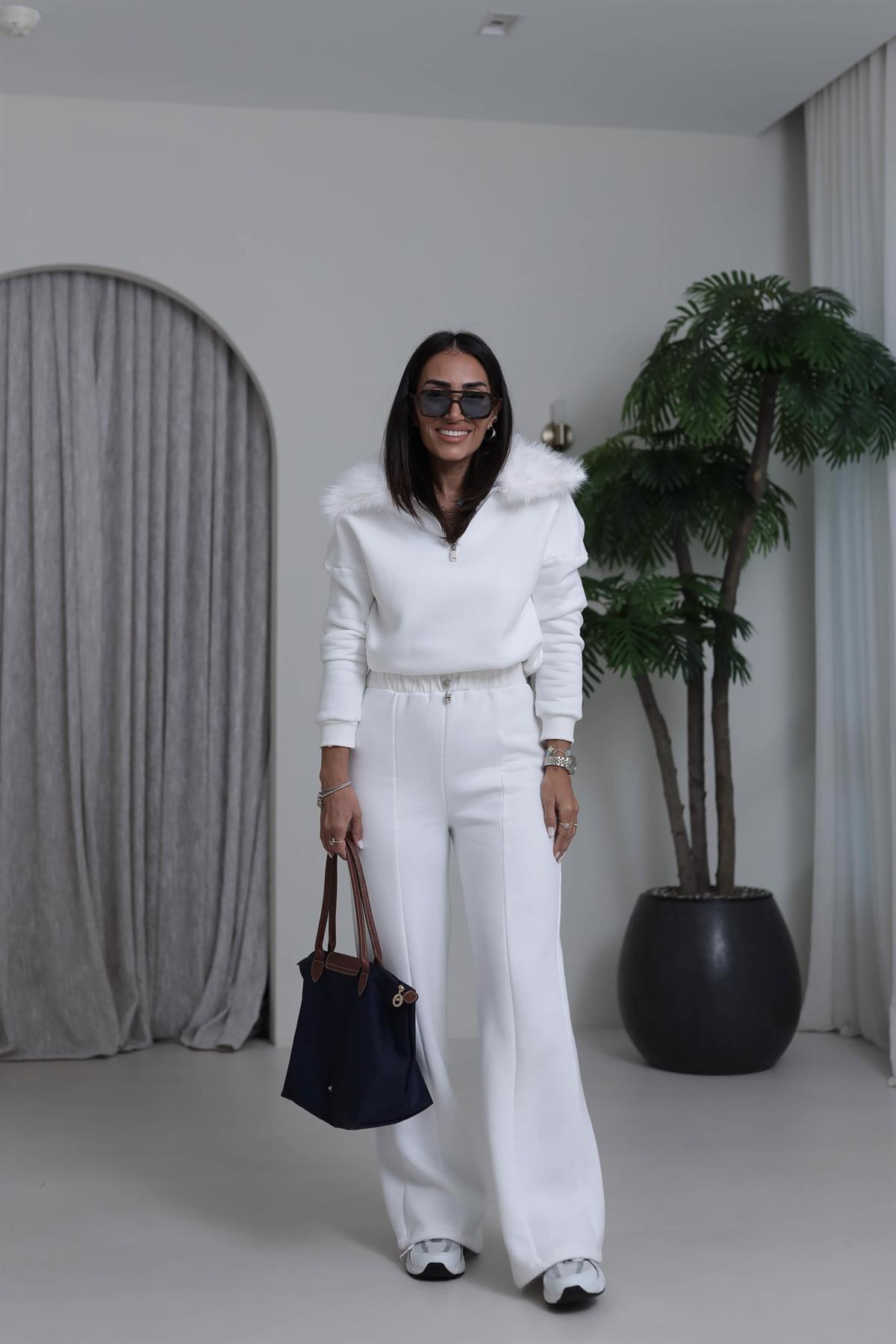 4066 Kürk Yakalı Şardonlu Takım BEYAZ