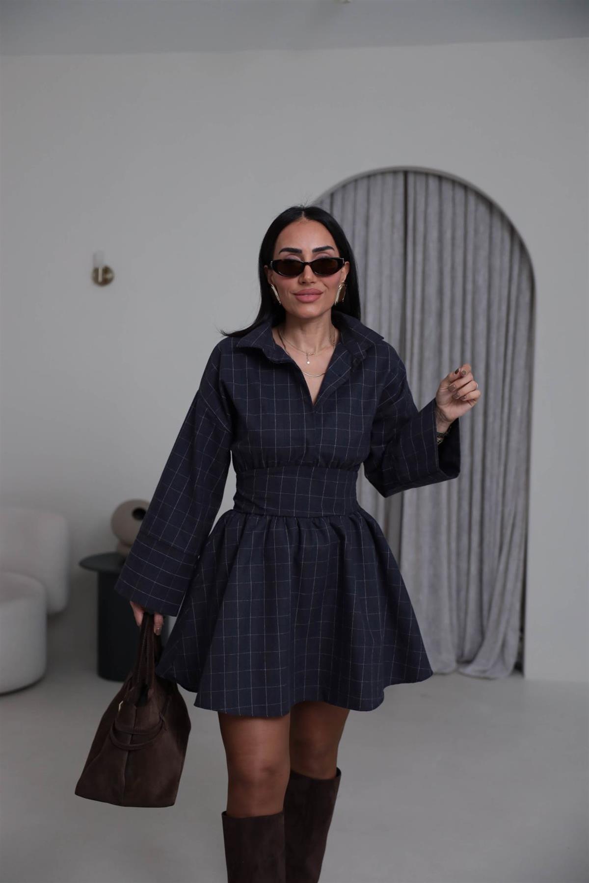 5546 Gömlek Yaka Belden Kuşaklı Desenli Elbise KAHVE