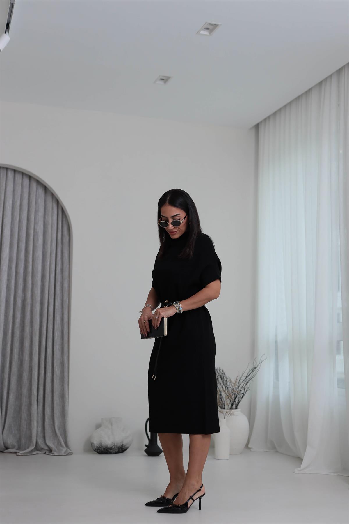 2548 Kemer Detaylı Triko Elbise SİYAH