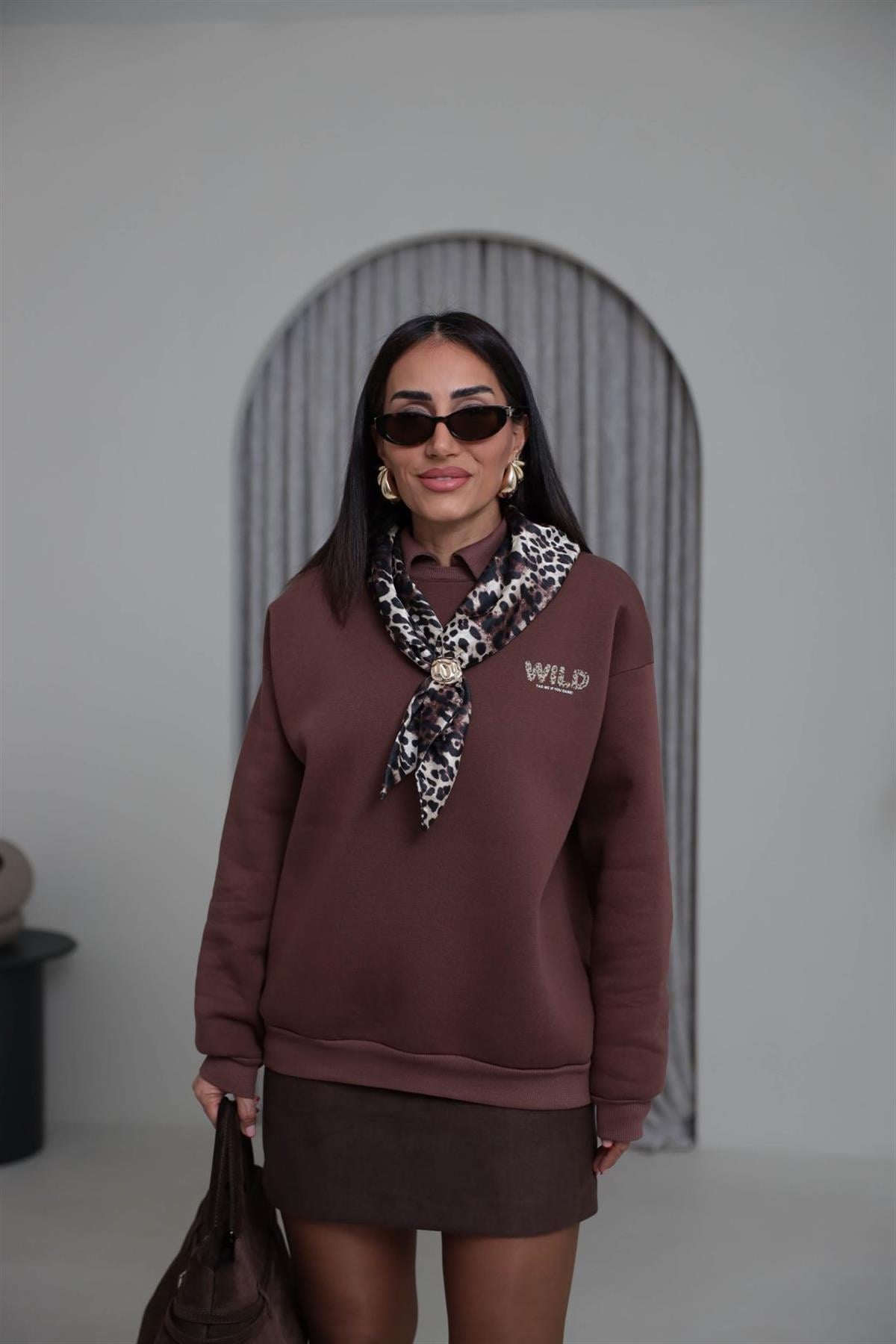 0613 Polo Yaka Fular Detaylı Şardonlu Sweatshirt KAHVE