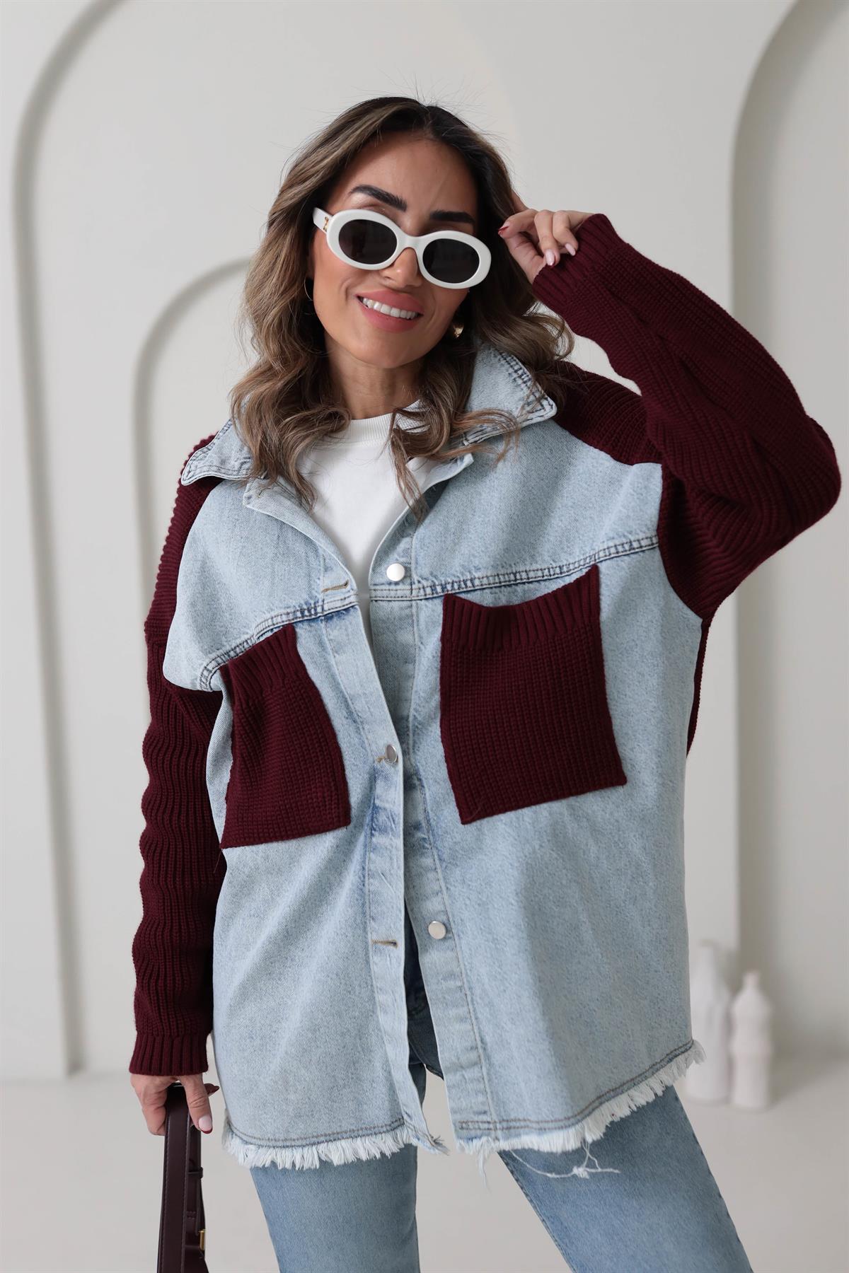 4113 Triko Garnili Oversize Ceket BORDO