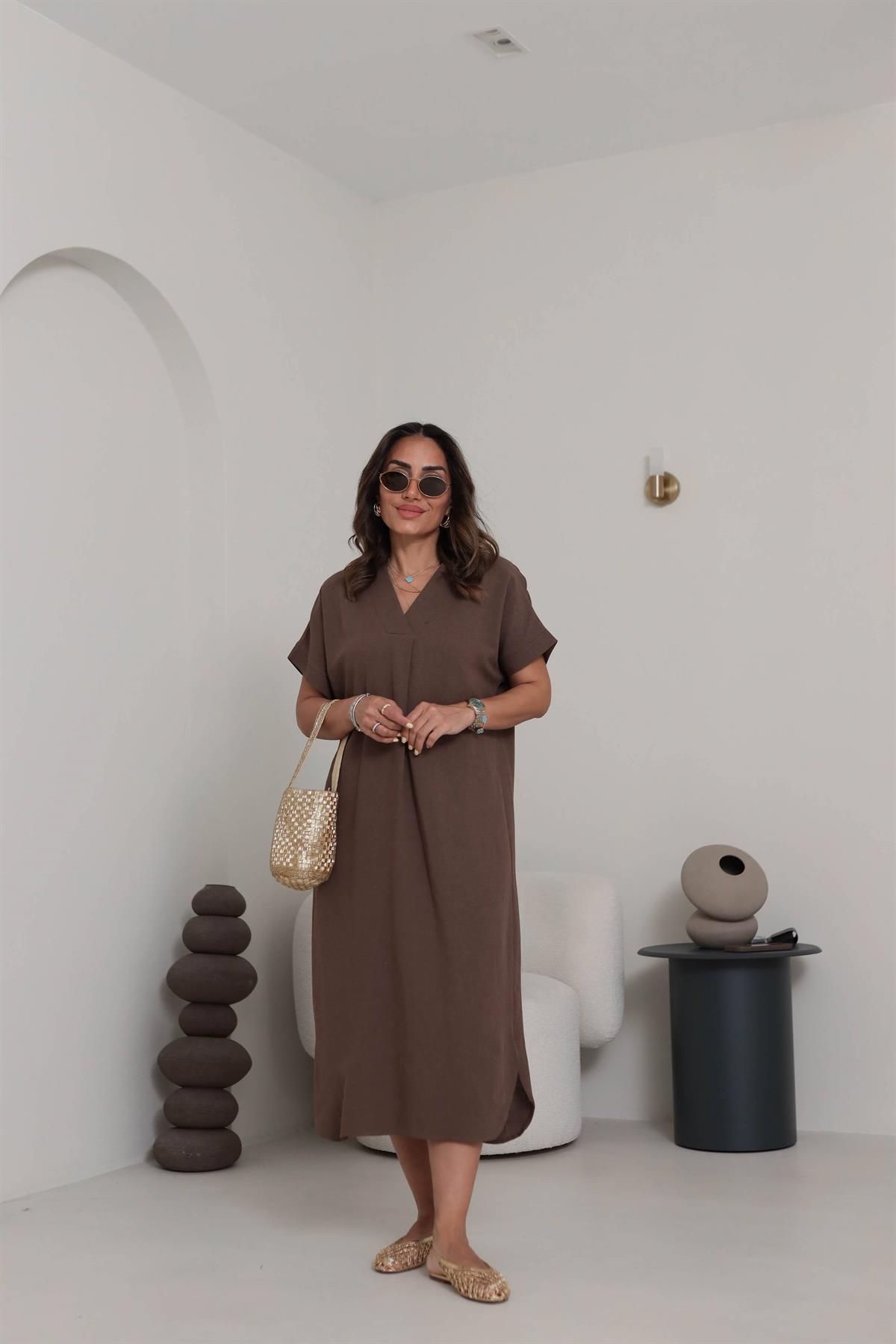 5998 V Yaka Rahat Terni Elbise KAHVE