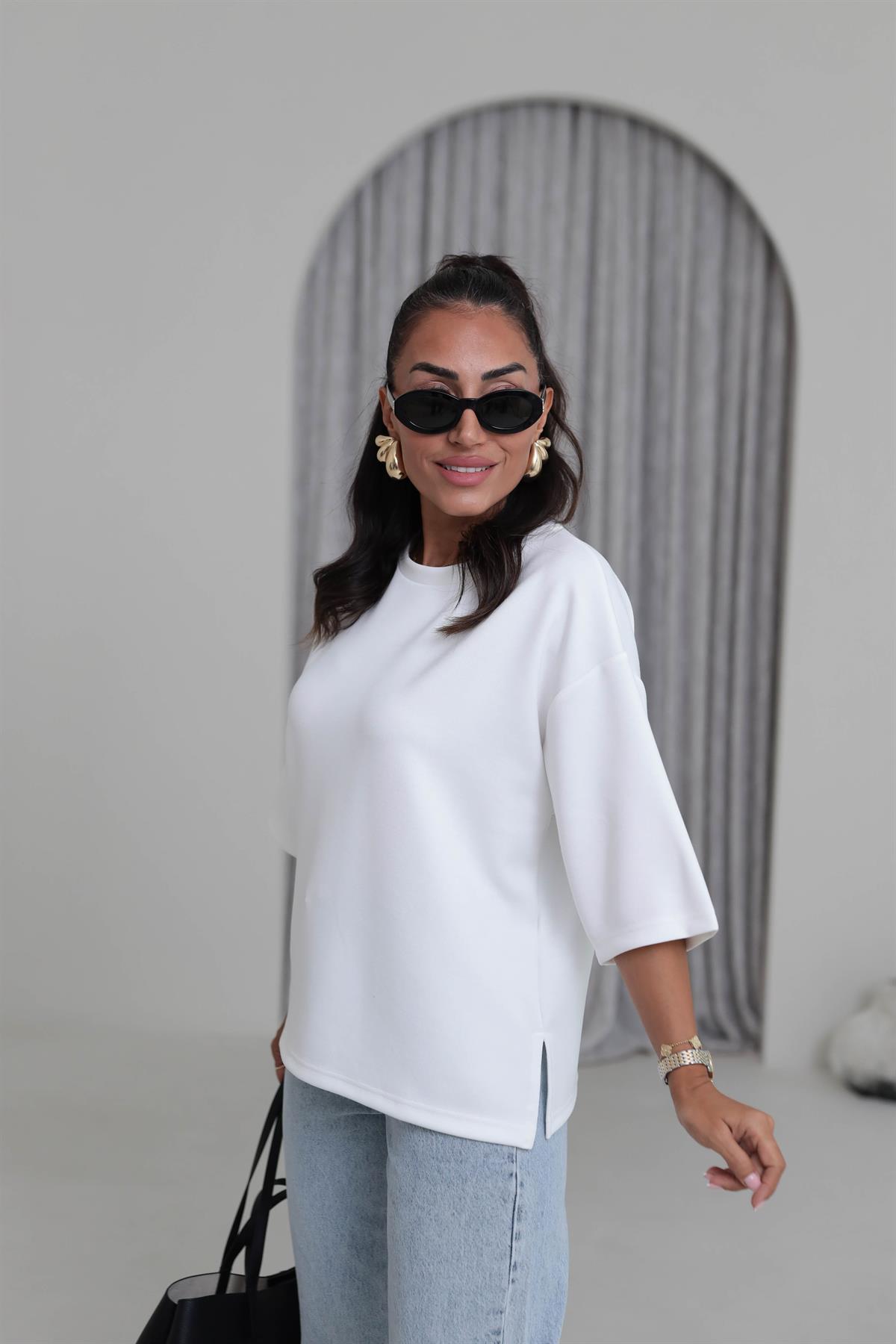 4783 Bisiklet Yaka Rahat Modal Cupra Tshirt BEYAZ