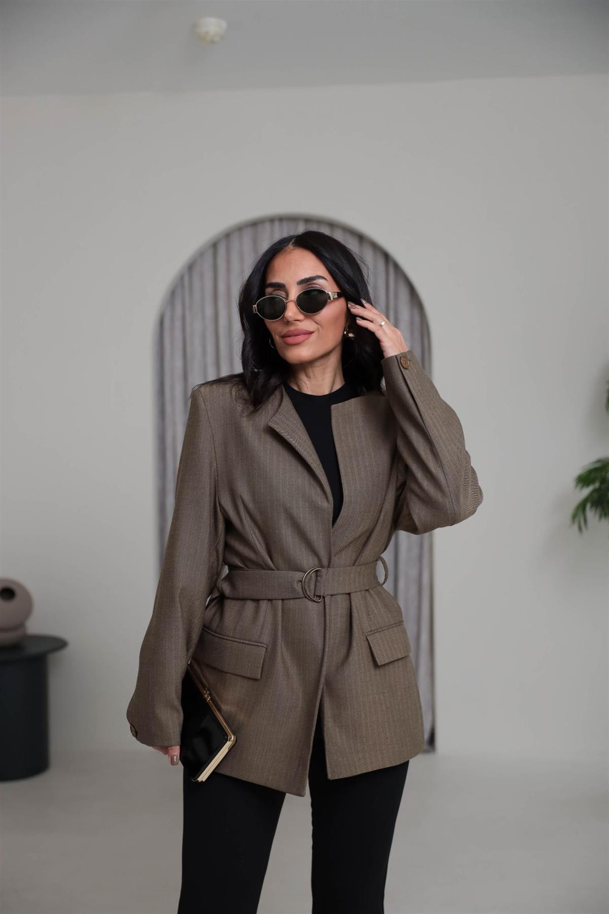 1284 Vatkalı Kemerli Balıksırtı Blazer Ceket CAMEL