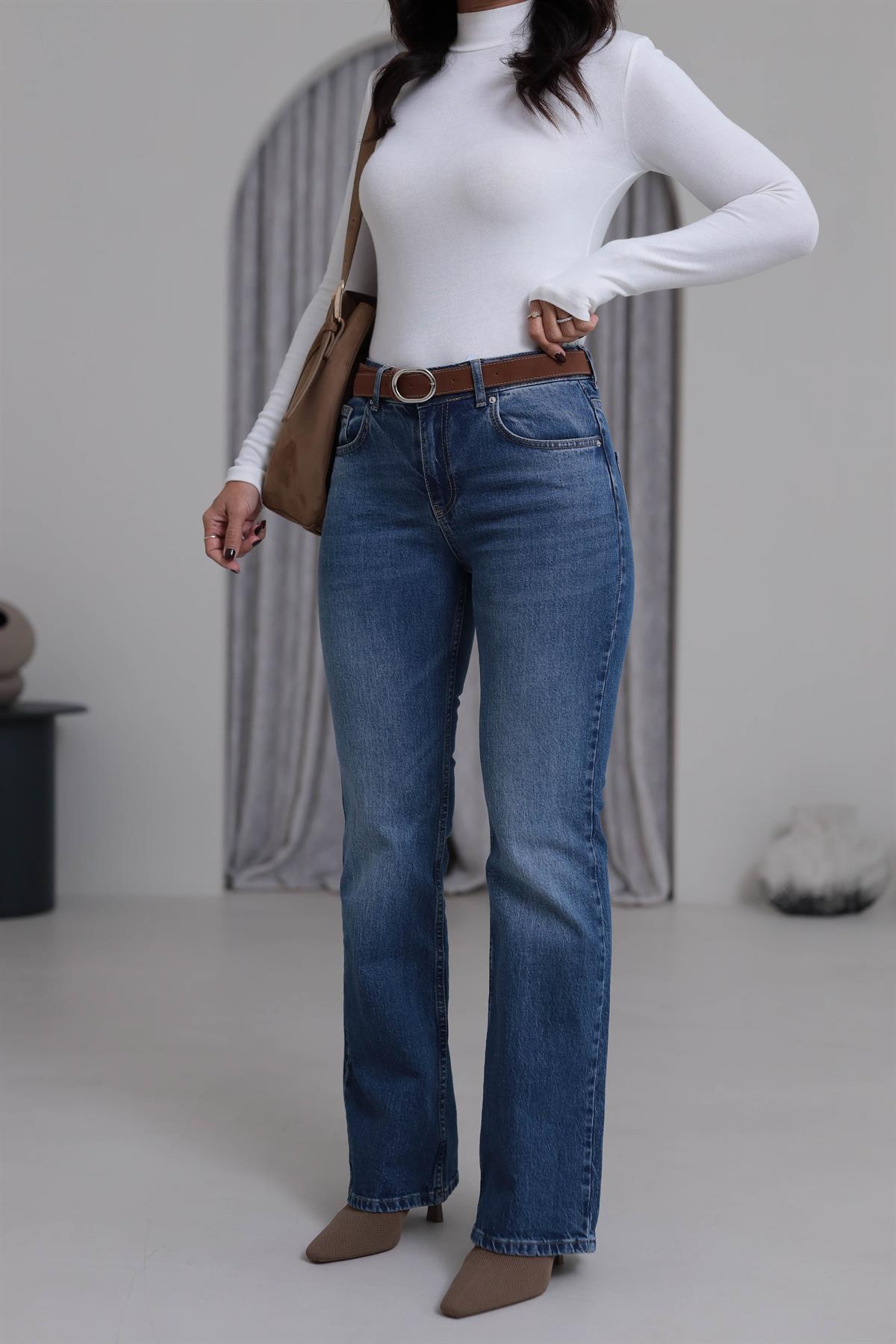 2057 Deri Kemerli Bootcut Pantolon MAVİ