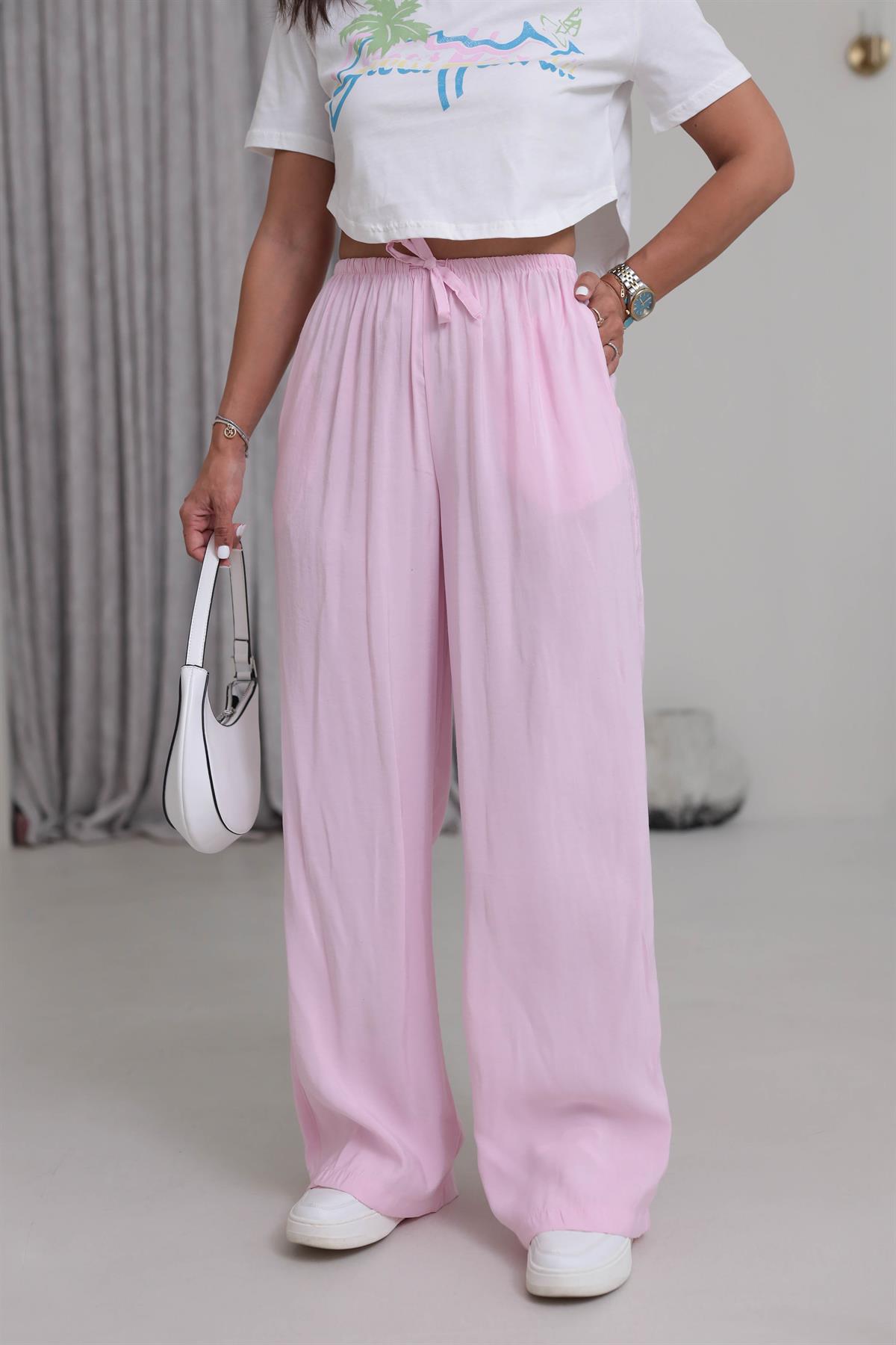 1141 Bel Lastikli Tencel Pantolon PEMBE