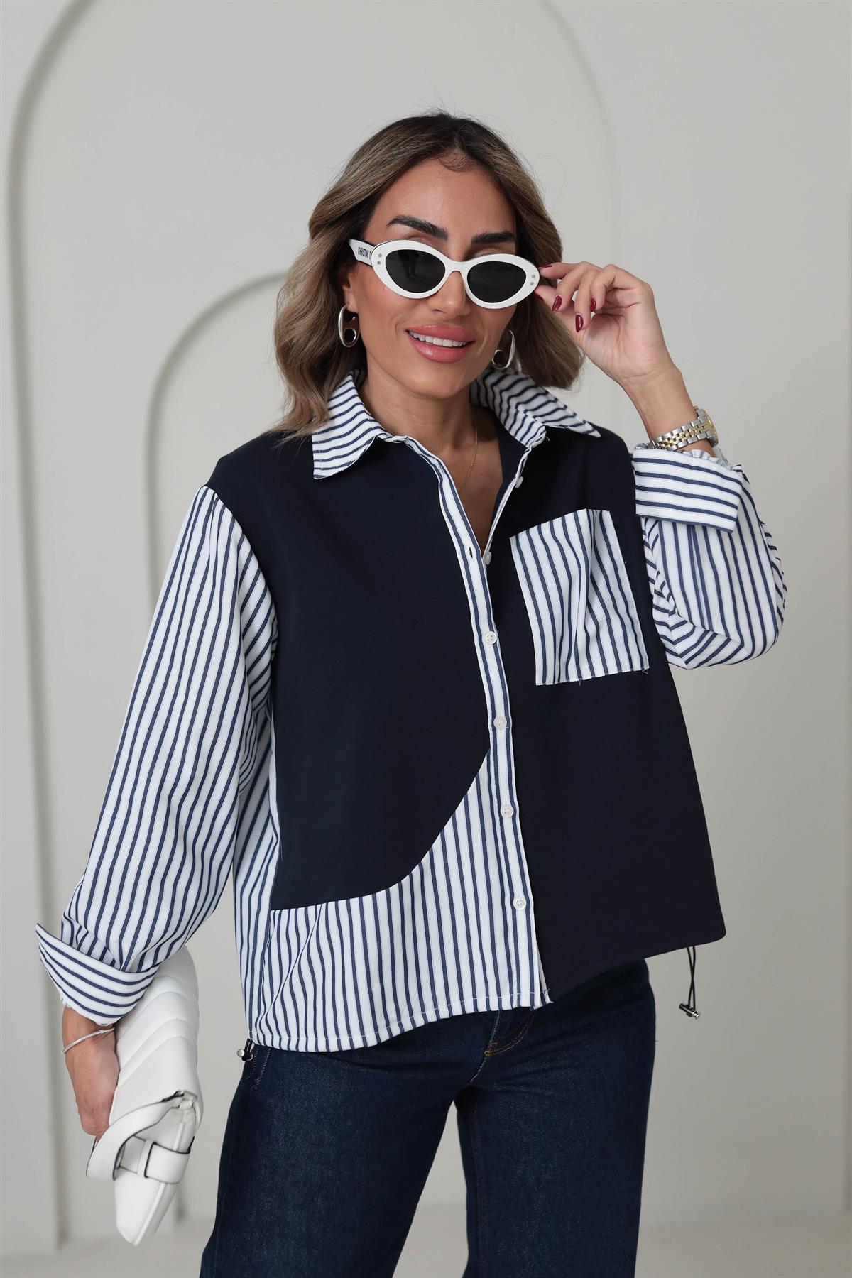 2988 Çizgili Poplin Garnili Gömlek LACİVERT