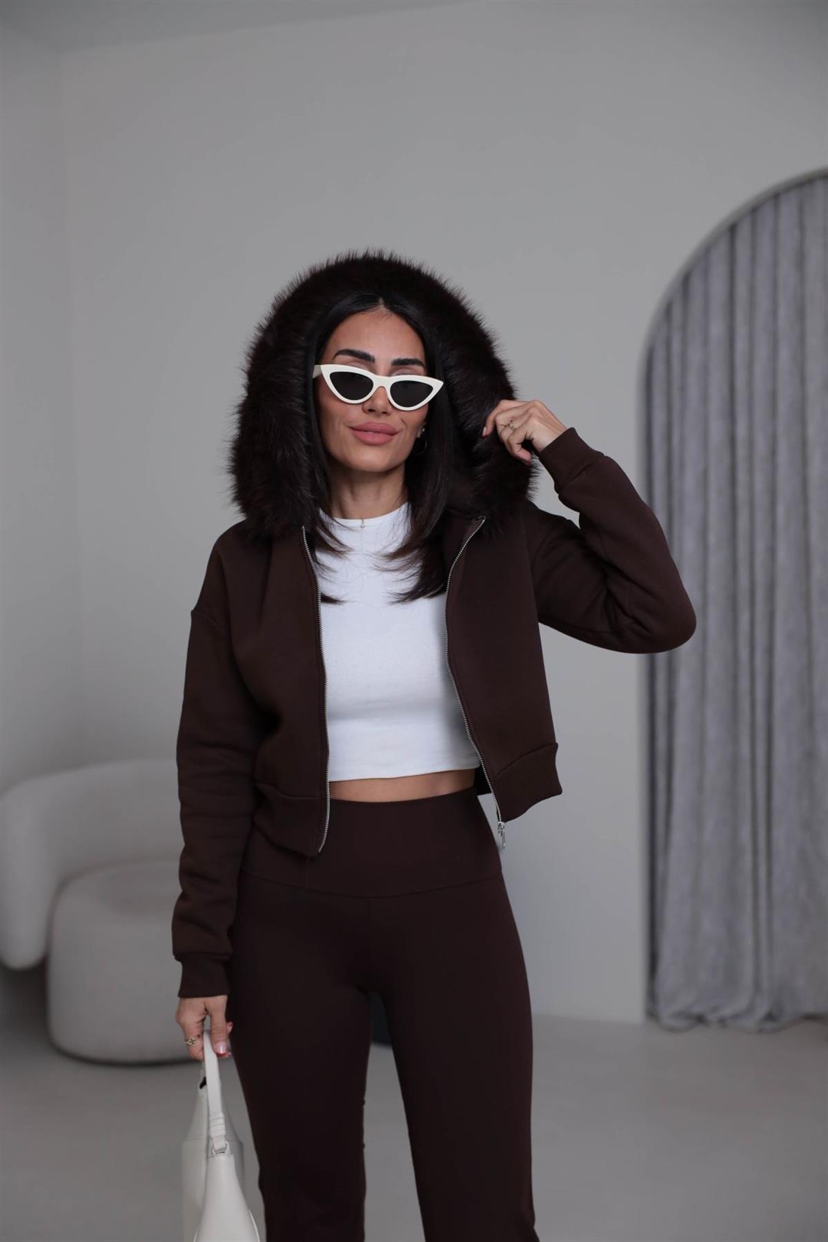 4067 Kapşonu Kürklü Şardonlu Kısa Sweatshirt ACI KAHVE