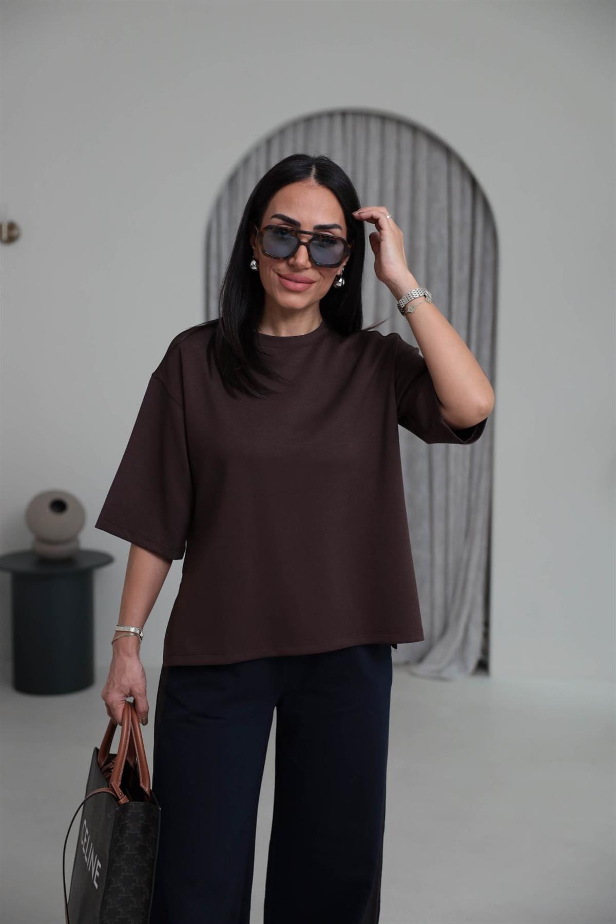 1066 Yanları Yırtmaçlı Bisiklet Yaka Modal Tshirt ACI KAHVE