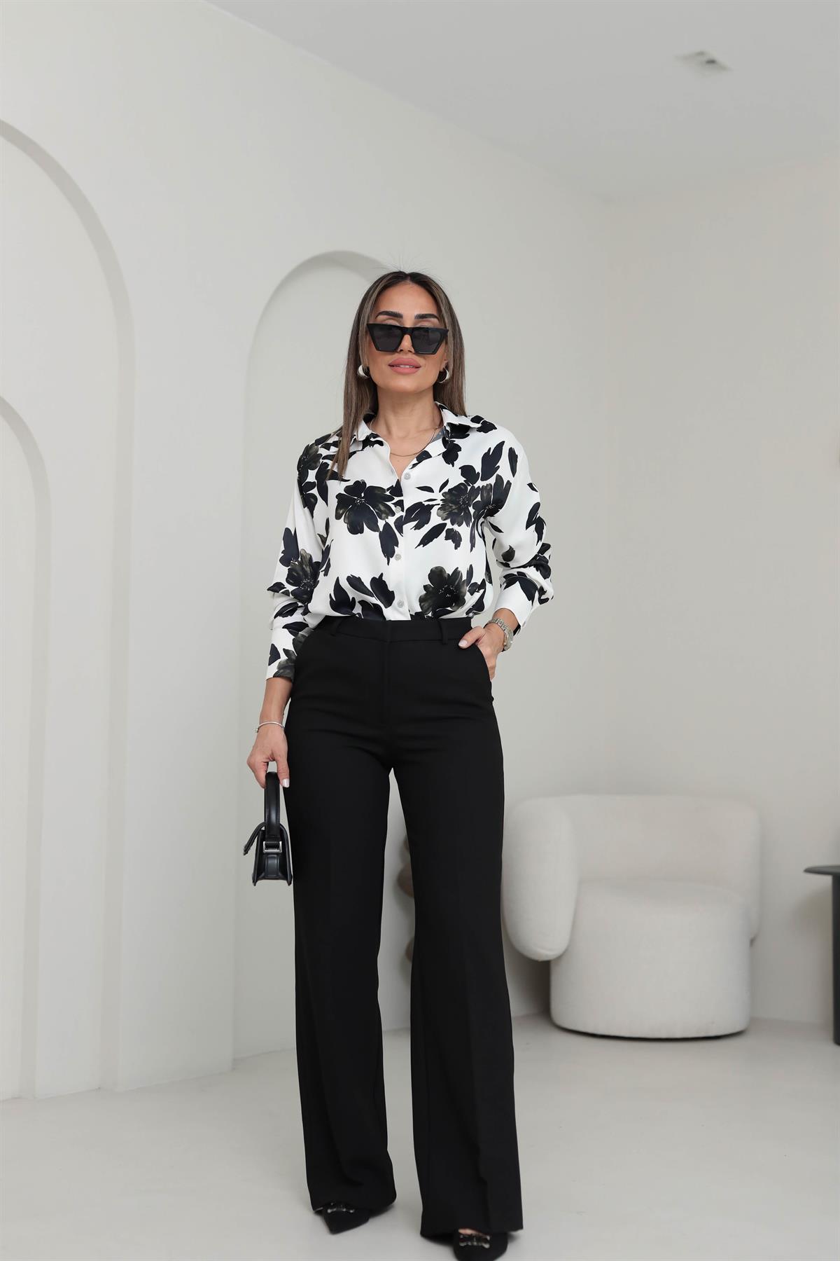 6537 Çiçek Desen İpek Saten Gömlek SİYAH