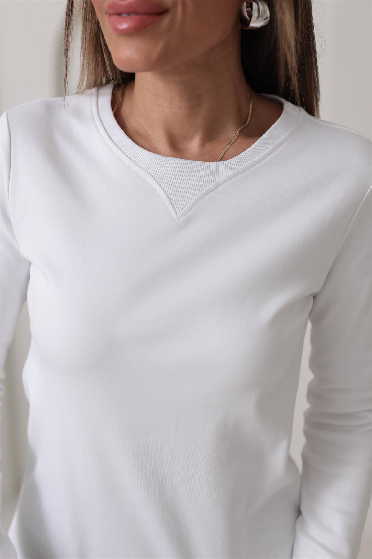 6364 Yaka Ribana Dikişli Uzun Kol Bluz BEYAZ