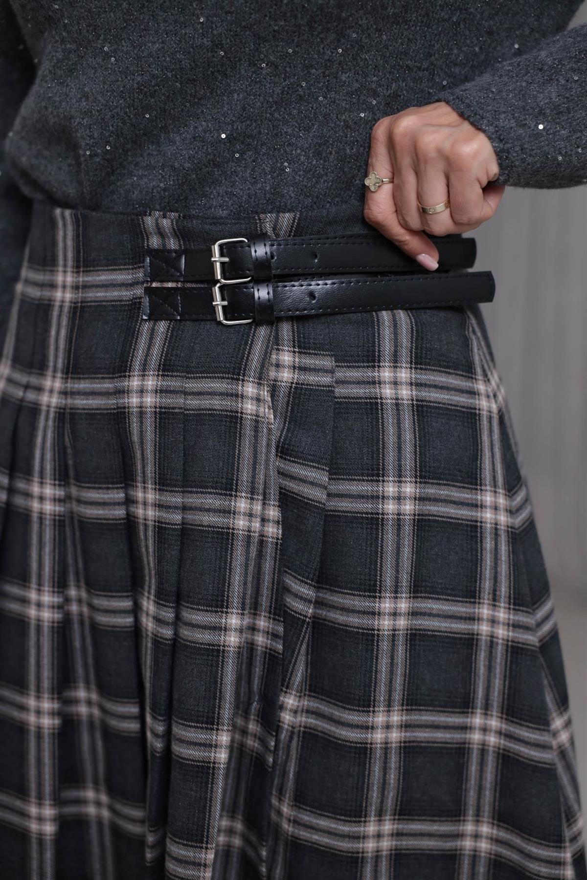 4228 Çift Kemer Detaylı Ekose Etek FÜME