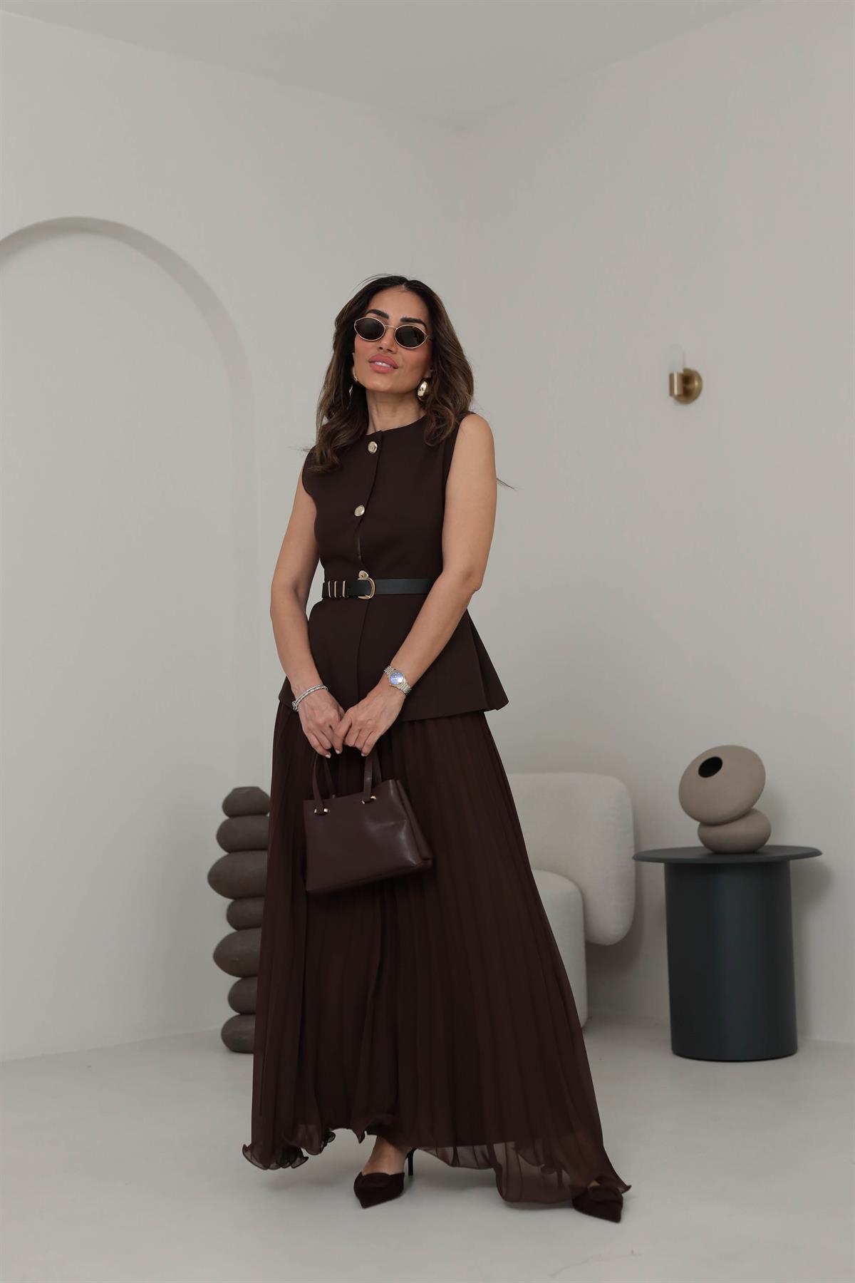 0287 Piliseli Şifon Maxi Etek ACI KAHVE