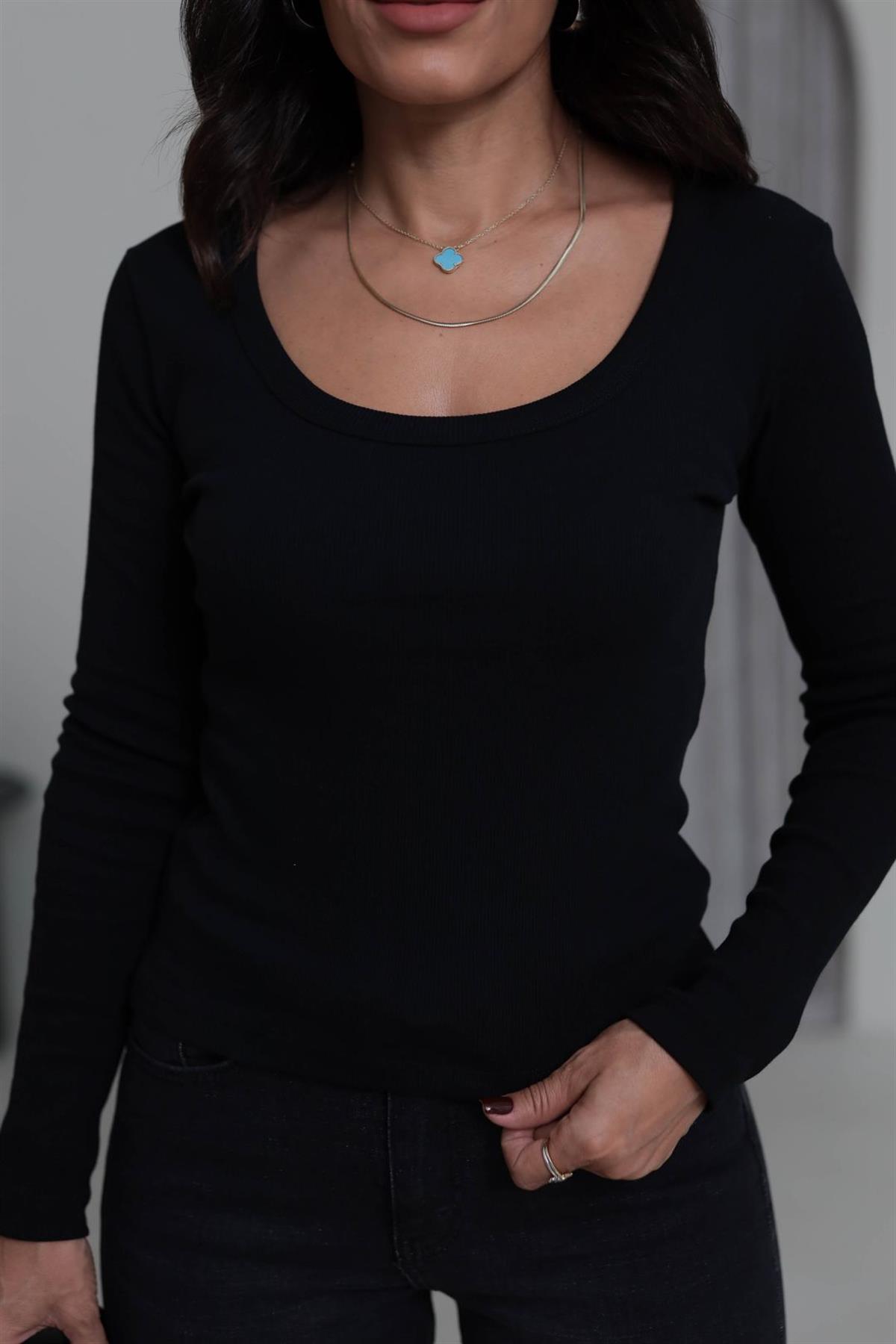 472 Geniş Yaka Fitilli Body SİYAH