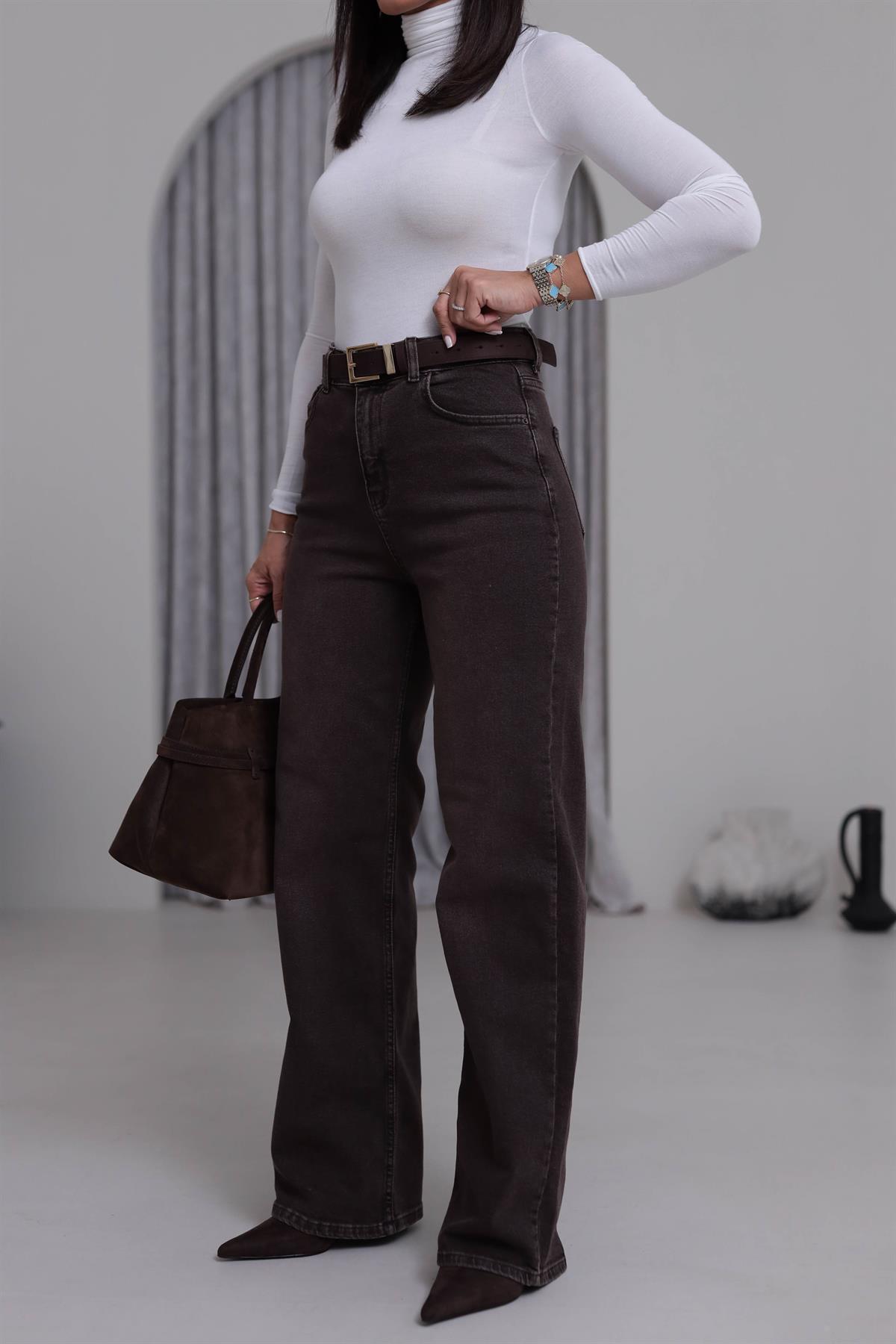 1071 Yüksek Bel Dökümlü Palazzo Jean ACI KAHVE