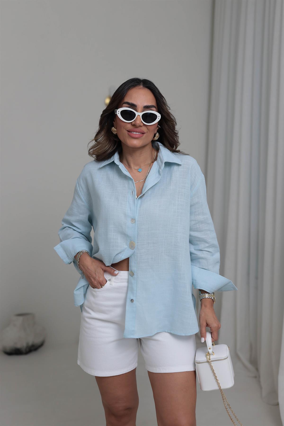 0384 Uzun Kollu Keten Gömlek BEBE MAVİ