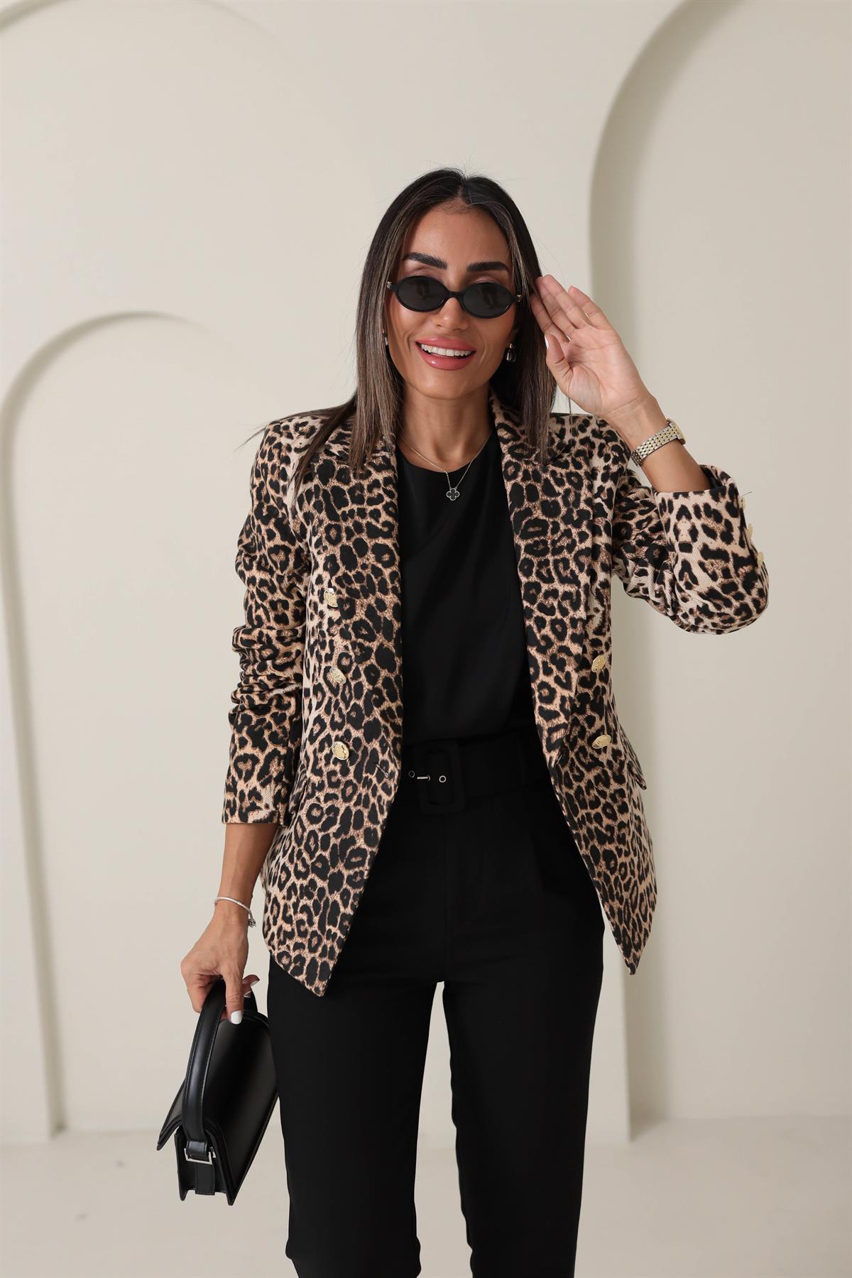 8760 Gold Düğmeli Leopar Blazer Ceket