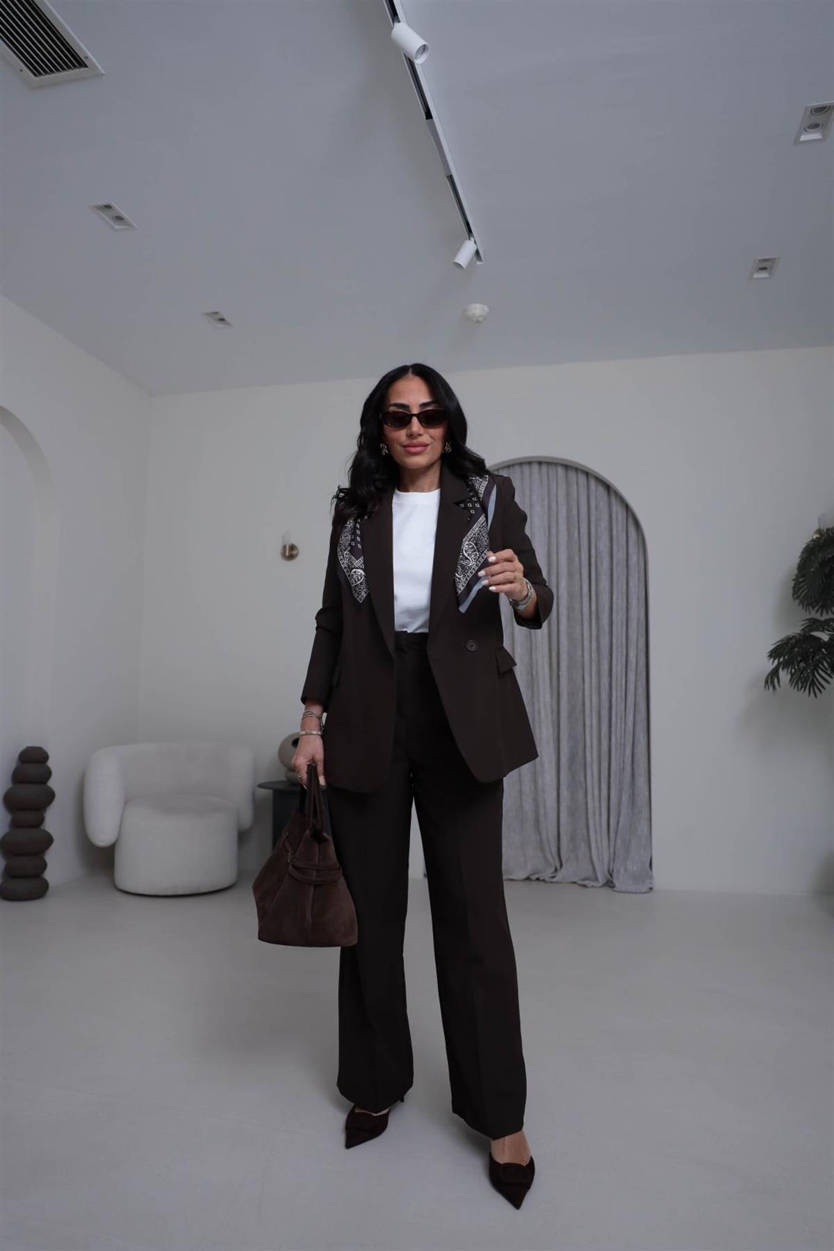 3869 Çift Pilili Kumaş Pantolon KAHVE