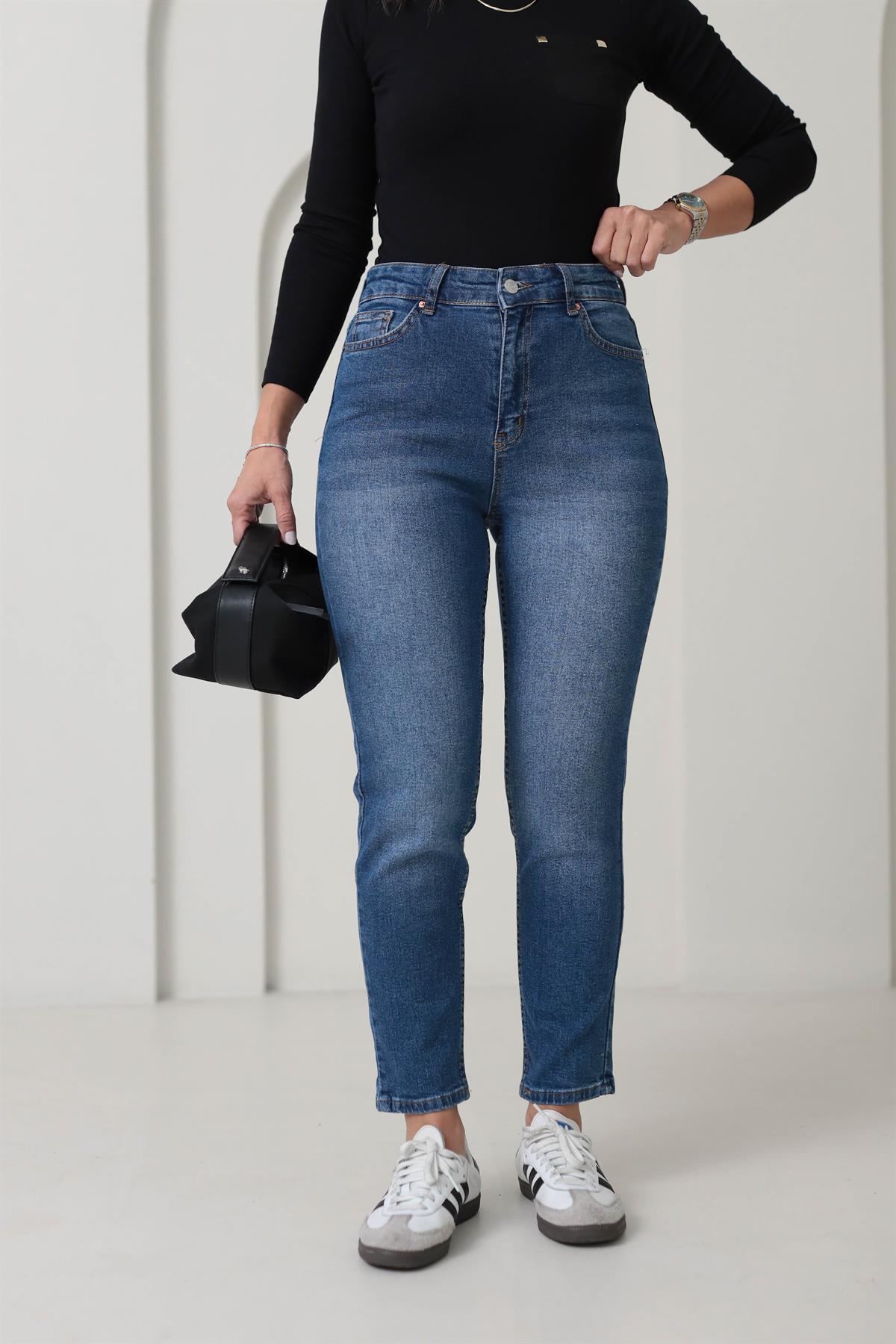 1002 Mom Fit Likralı Jean MAVİ