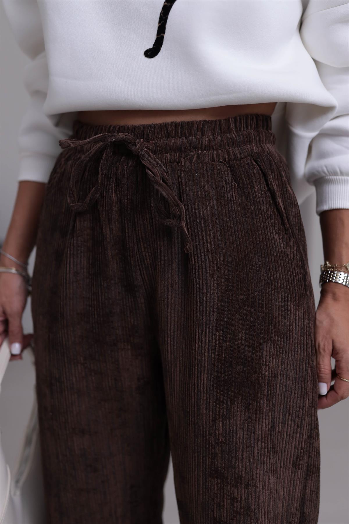 1183 Eskitme Efektli Bel Lastikli Kadife Pantolon KAHVE