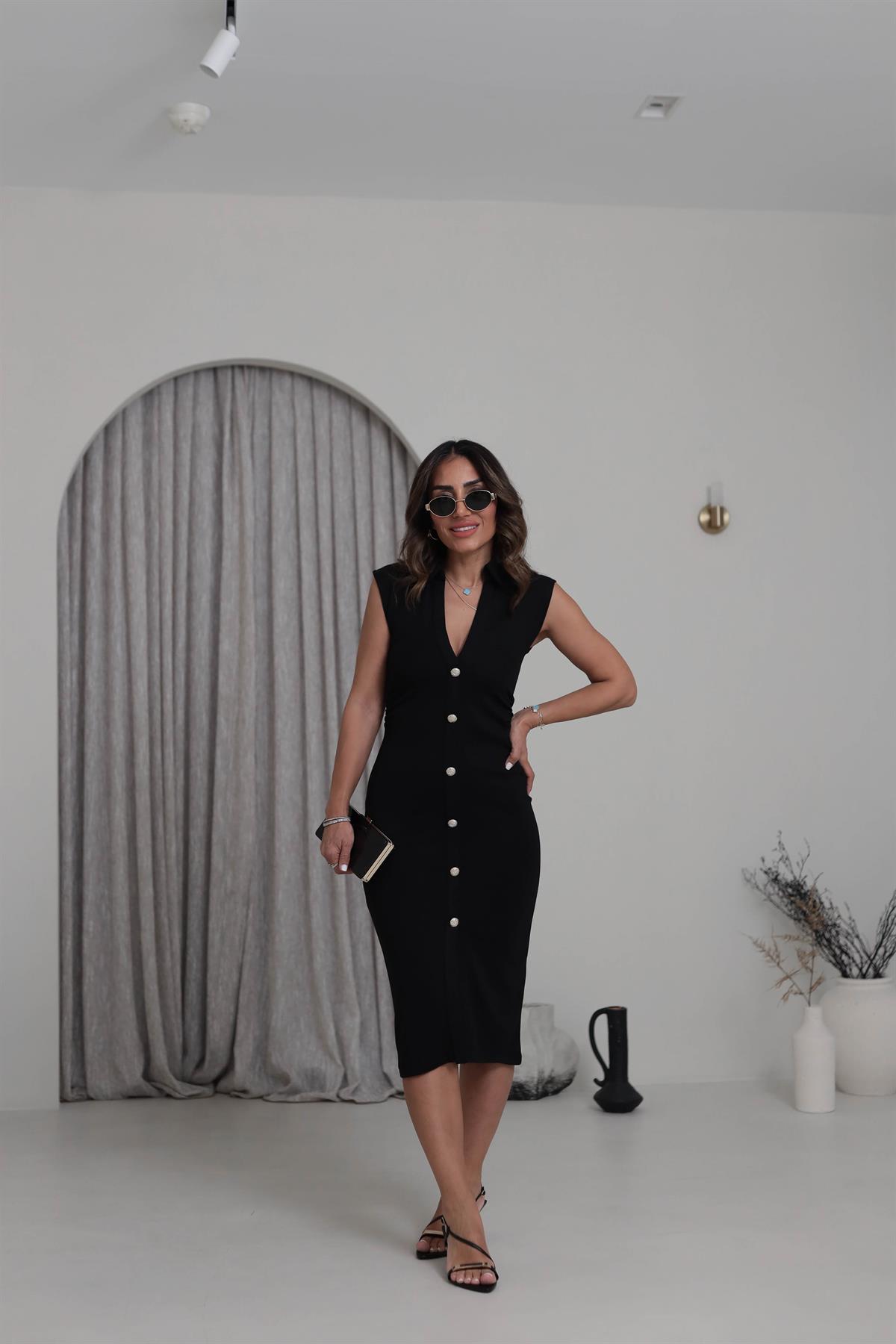 6792 Polo Yaka Gold Düğmeli Drapeli Çelik Örme Elbise SİYAH