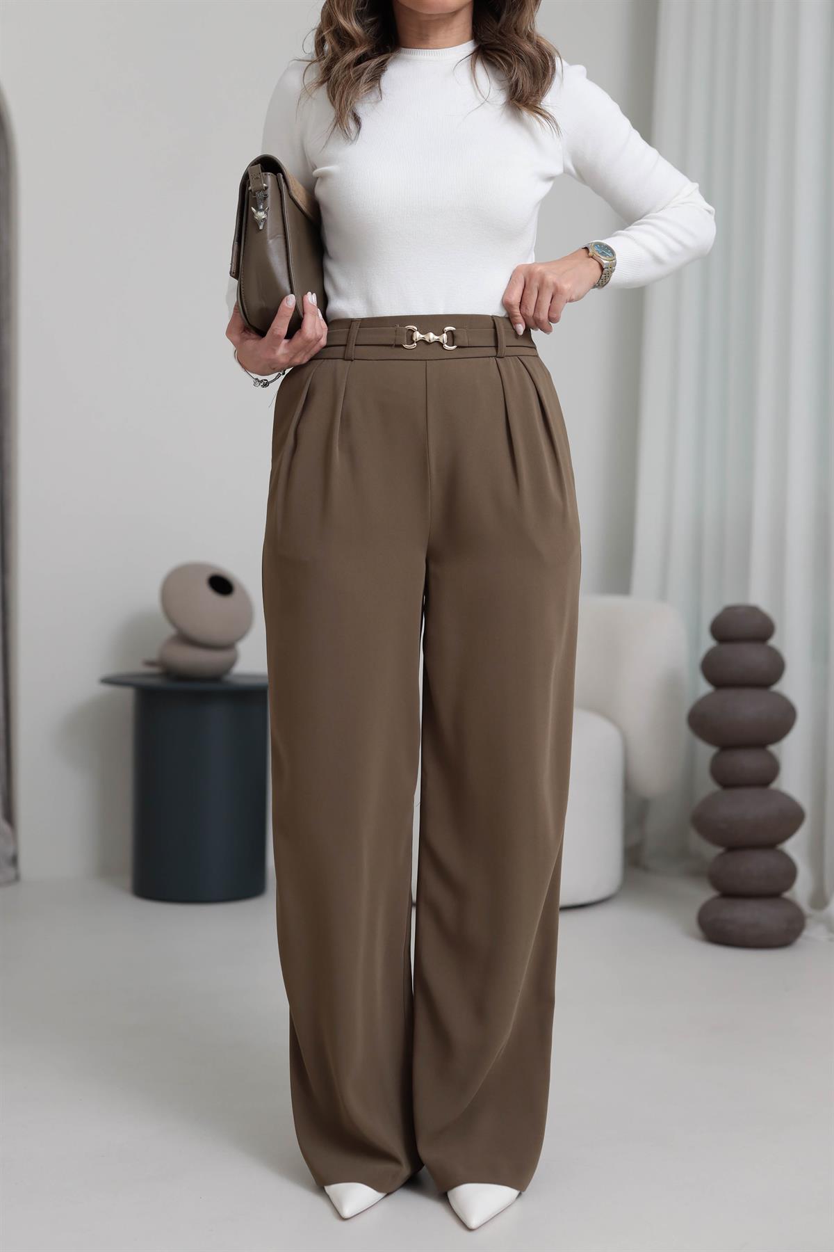 3704 Gold Aksesuarlı Bel Lastikli Salaş Pantolon HAKİ YEŞİL