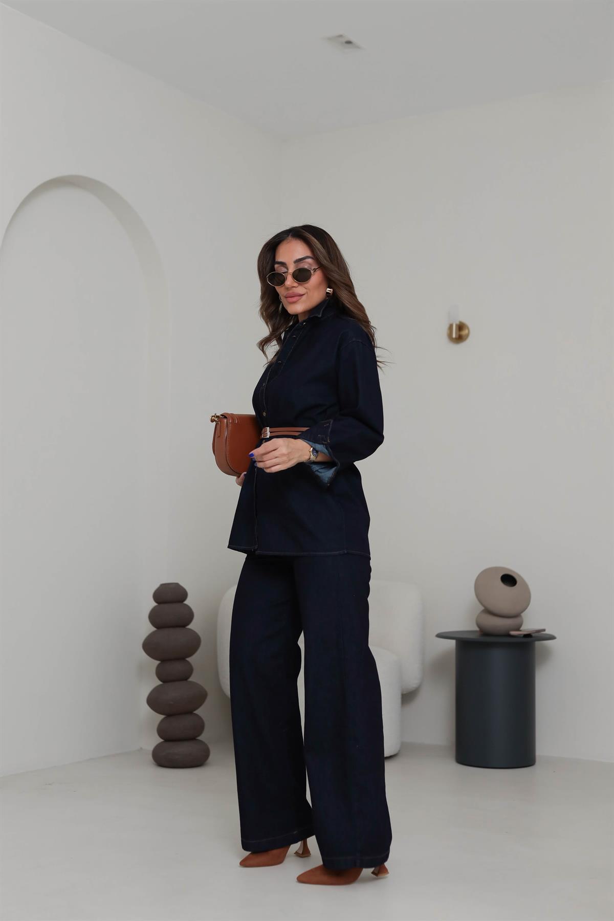 8627 Denim Kemerli Gömlek & Pantolon Takım KOYU LACİ