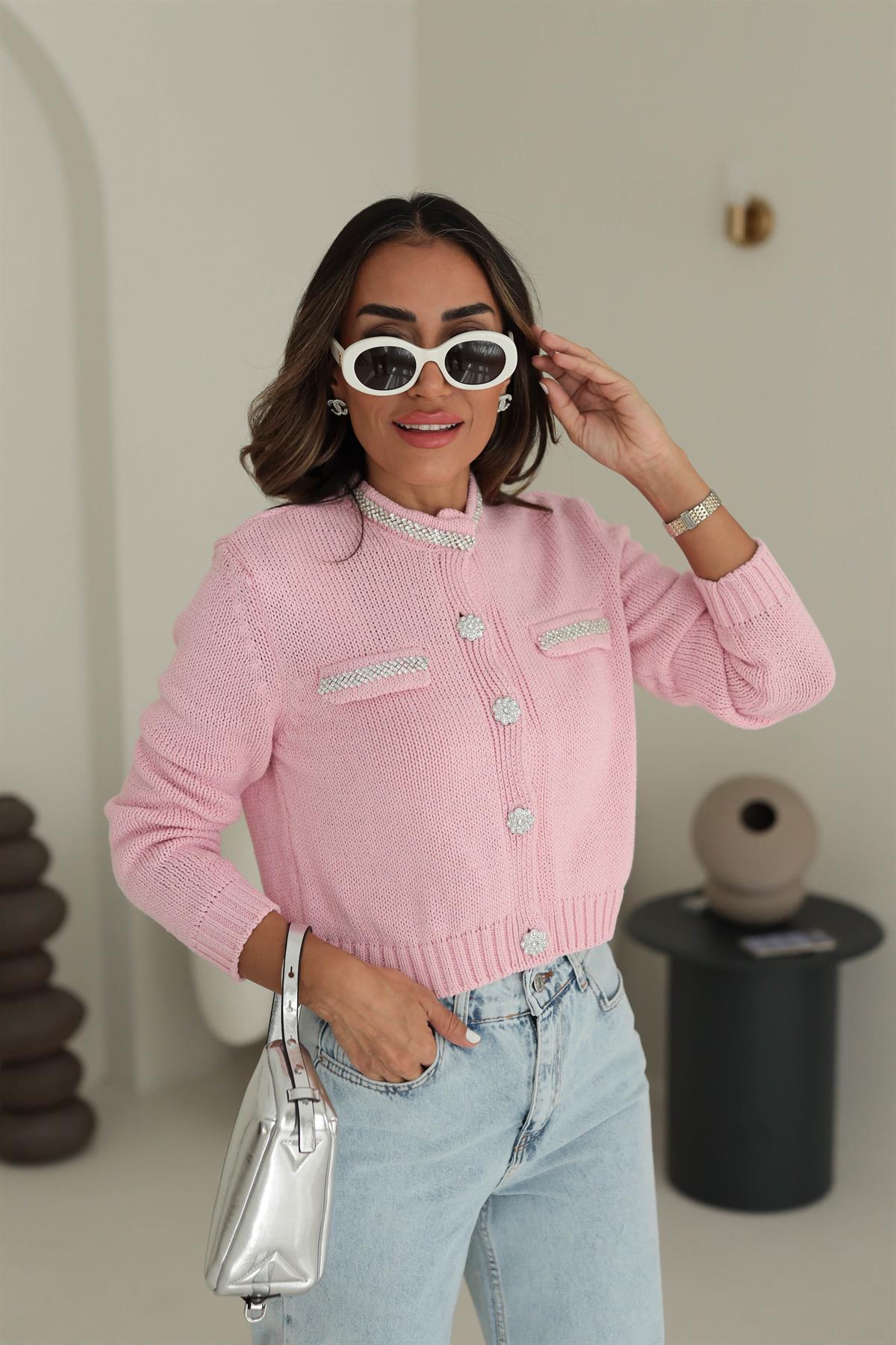 4388 Taş Detaylı Hırka PEMBE