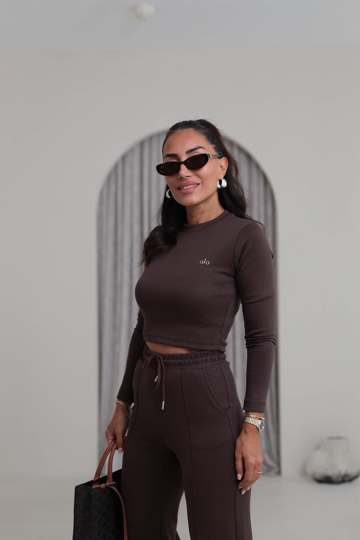 2170 Yazı Detaylı Crop Modal Takım KAHVE