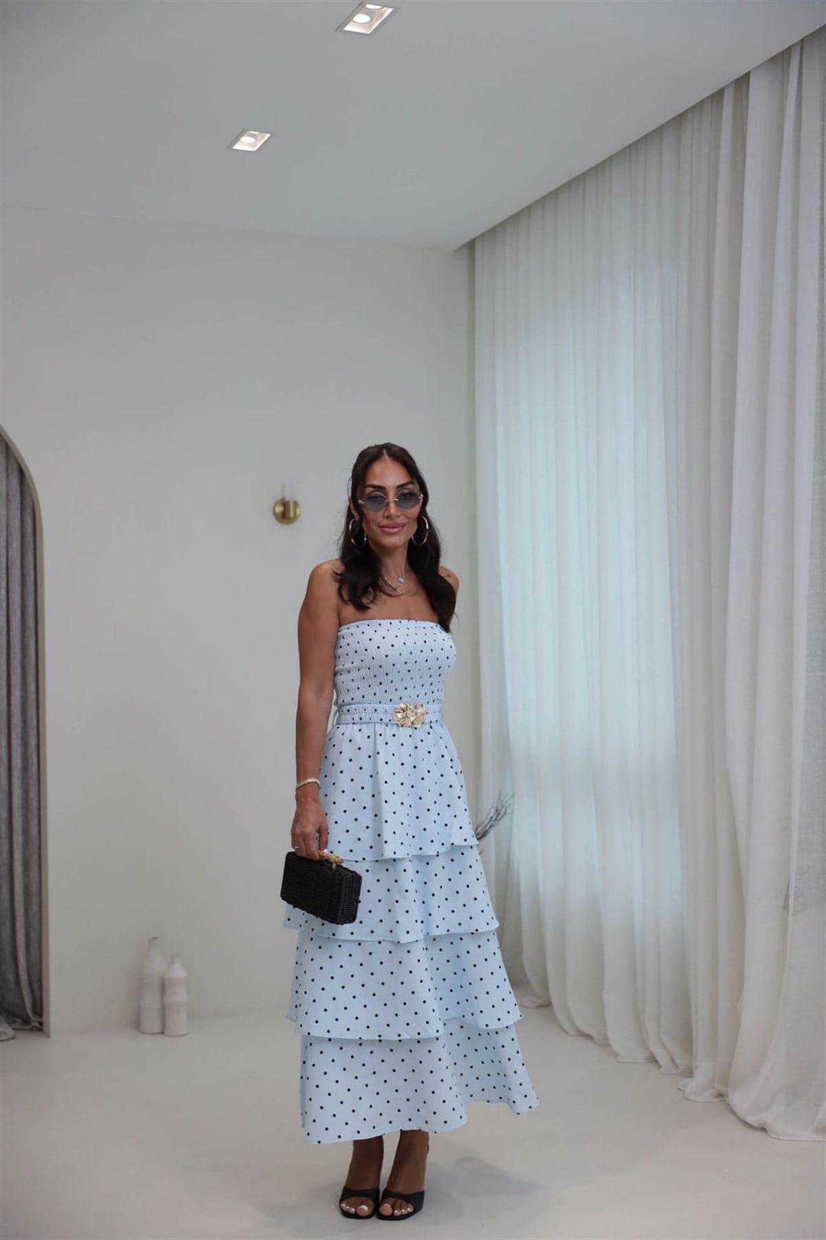 8578 Kemerli Puantiyeli Gipeli Elbise BEBE MAVİ