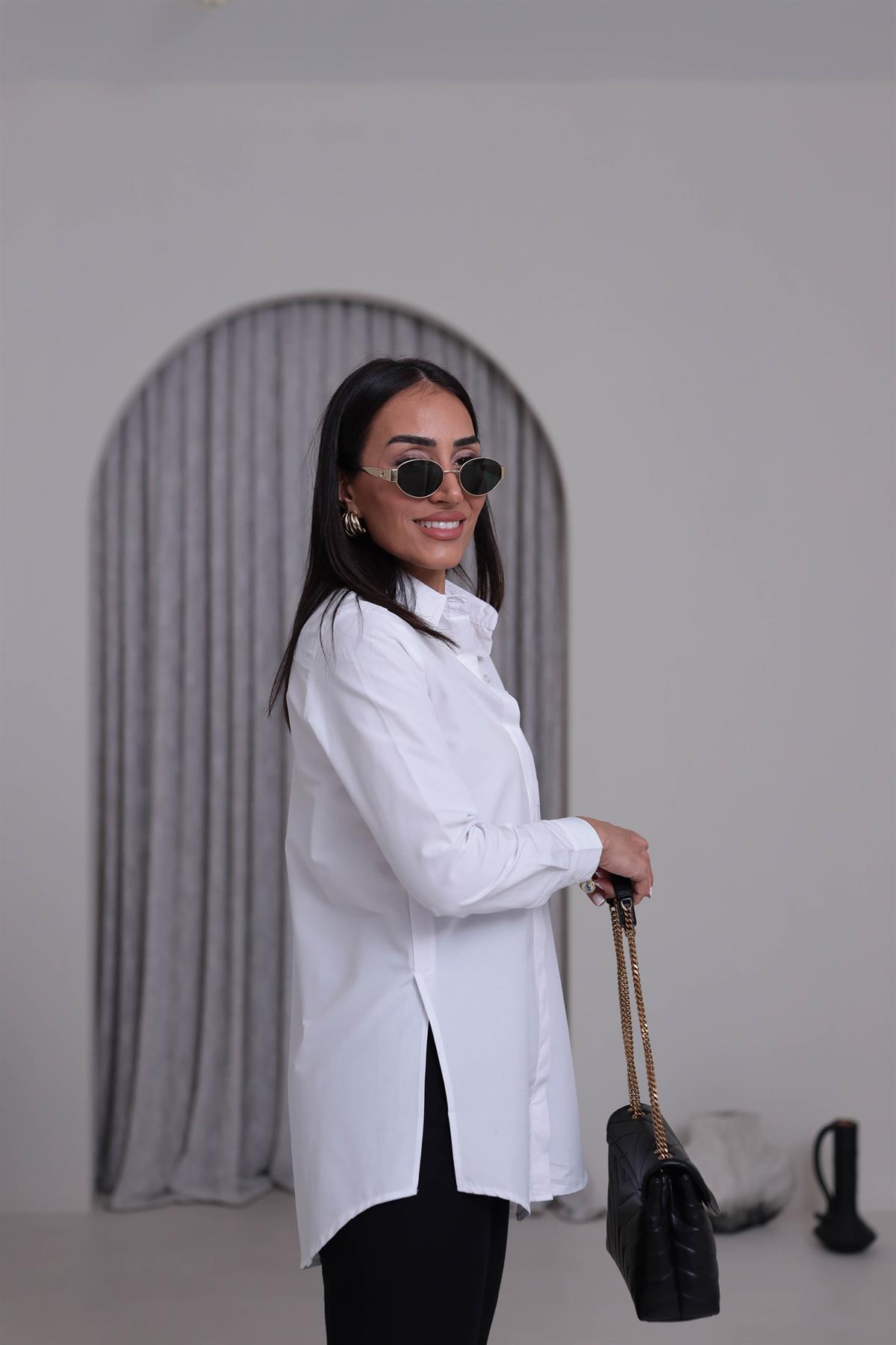 0626 Boyfriend Kalıp Gizli Düğmeli Gömlek BEYAZ