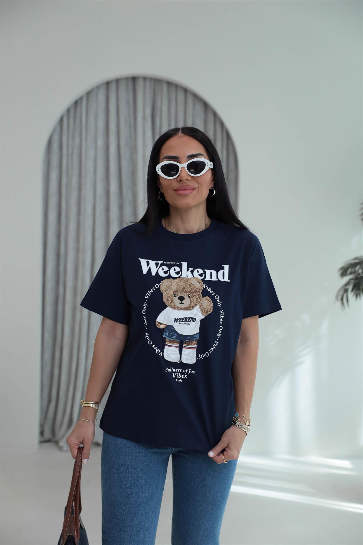 7514 Bisiklet Yaka Teddy Aplikeli Tshirt LACİVERT
