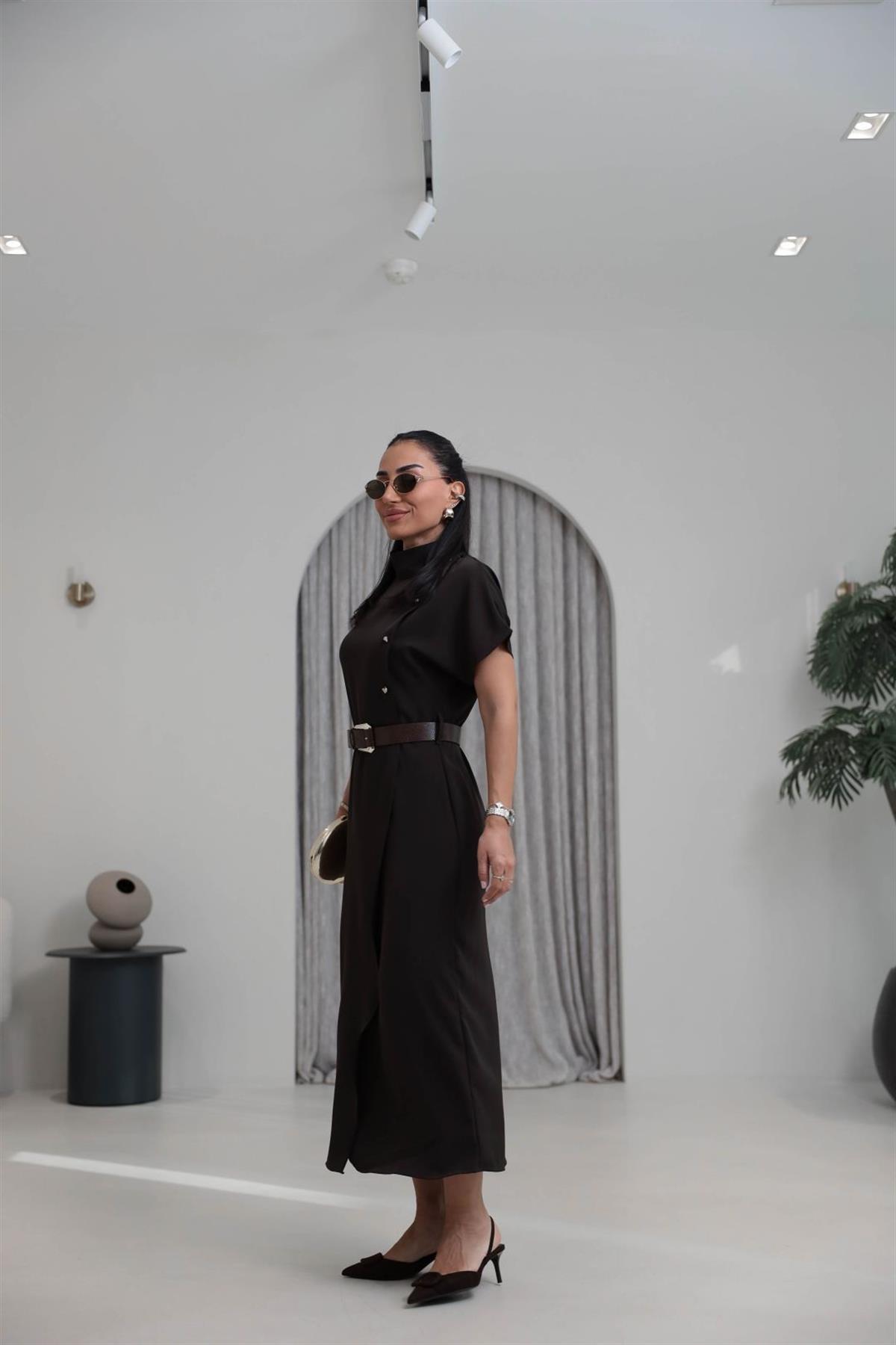 7045 Hakim Yaka Düğme Ve Kemerli Linda Elbise KAHVE
