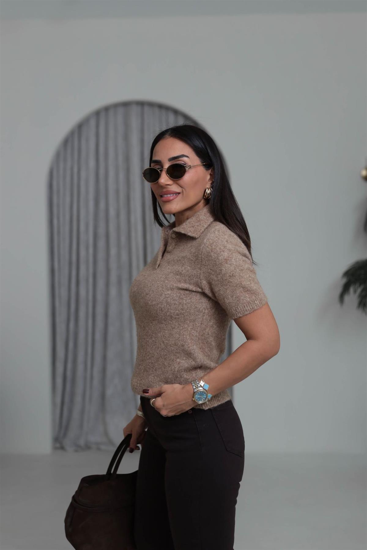 0109 Polo Yaka Massi Kısa Kol Yumoş Kazak CAMEL