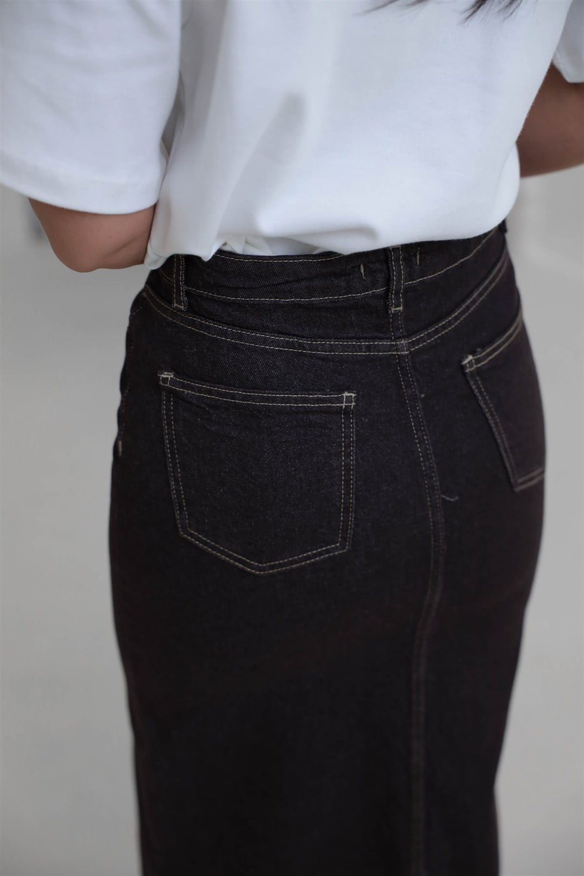 1020 Uzun Yırtmaçlı Kot Kalem Etek KAHVE