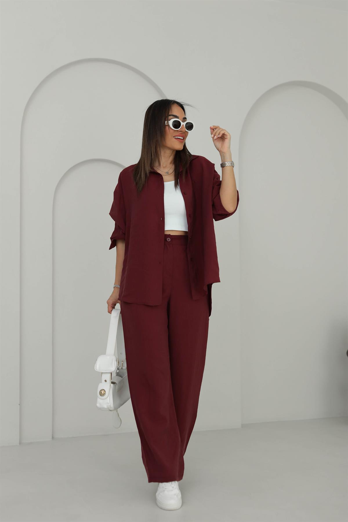 8557 Tencel Kumaş Gömlekli Takım BORDO