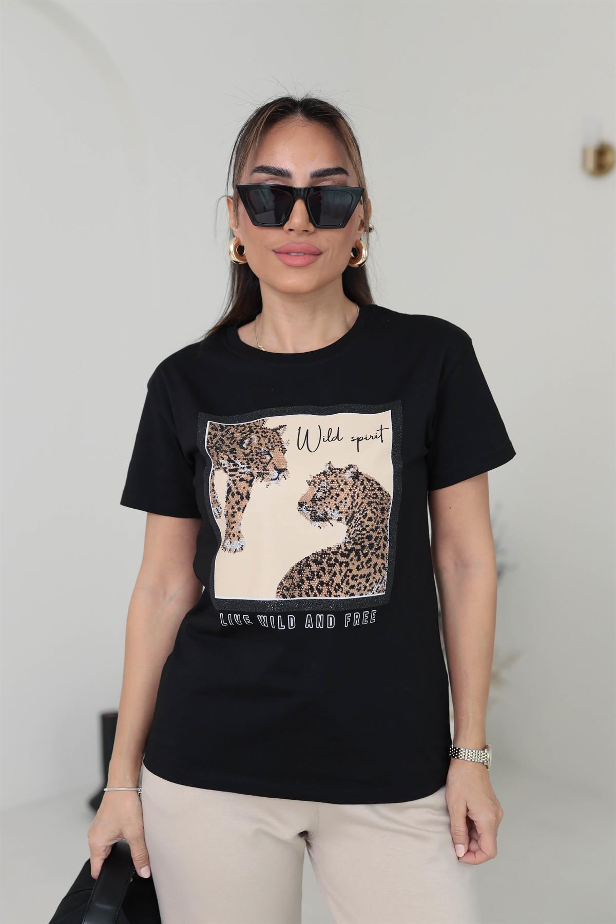 7068 Kaplan Baskılı Taşlı Pamuklu Tshirt SİYAH