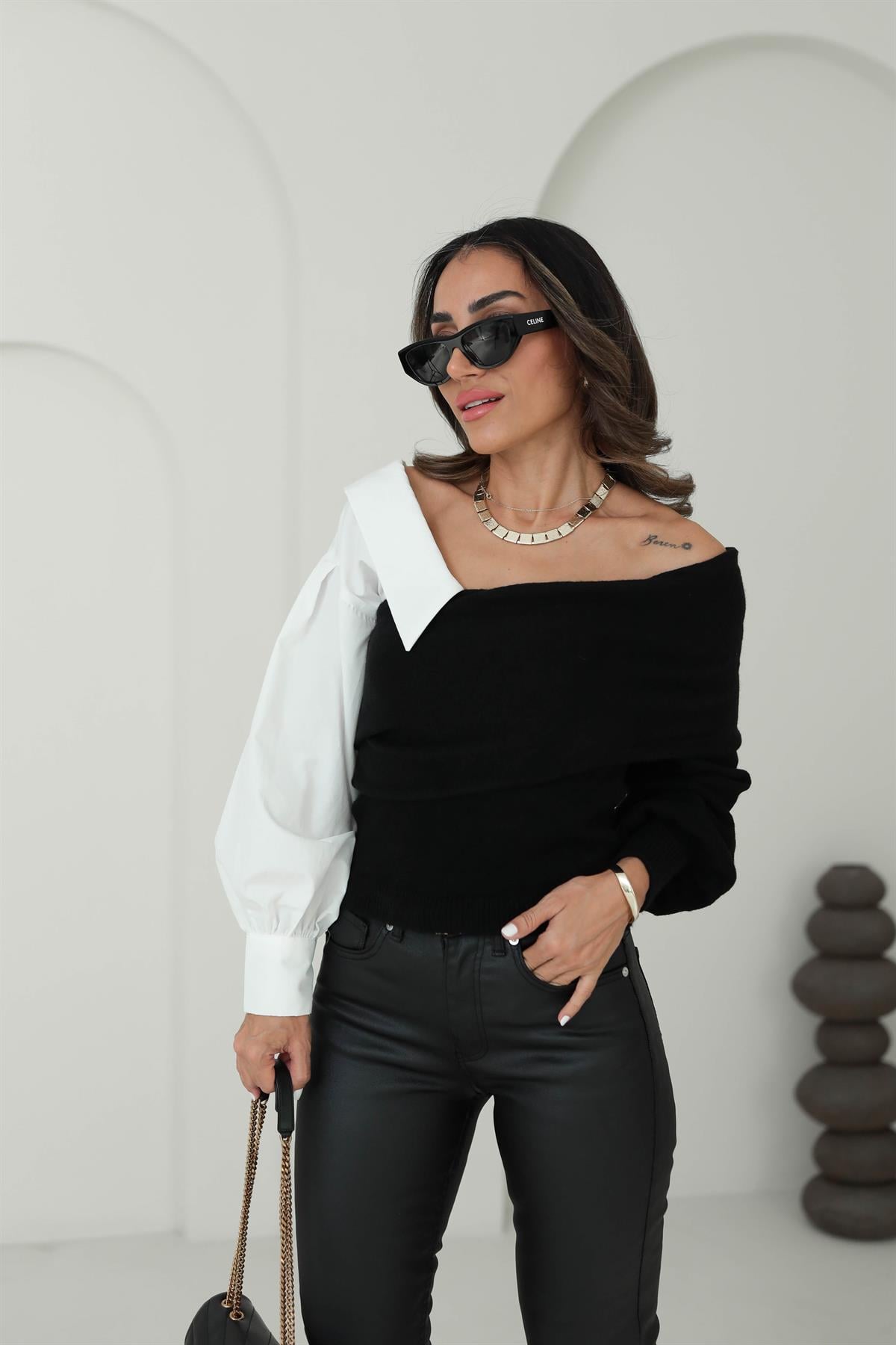 4256 Gömlek Garnili Triko Bluz SİYAH