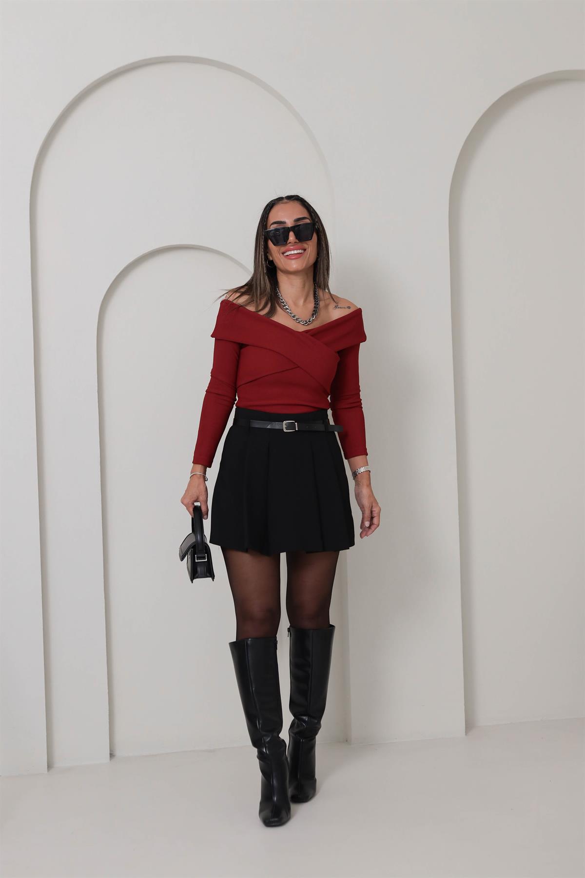 9184 Ottoman Kumaş Çapraz Detay Bluz KIRMIZI