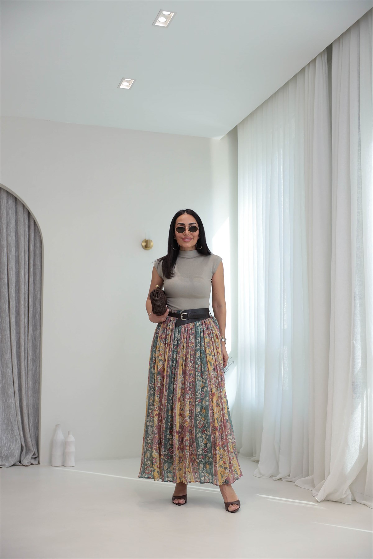 3374 Kemerli Pliseli Desenli Maxi Etek YEŞİL