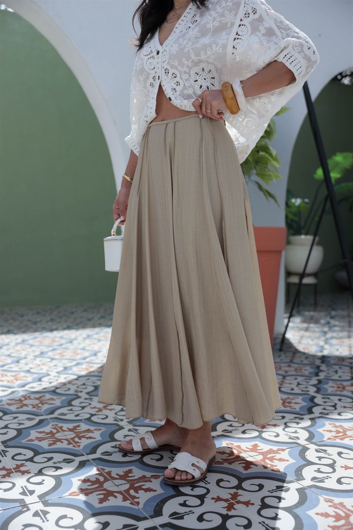 0963 Dikiş Detaylı Astarlı Etek OLİVE