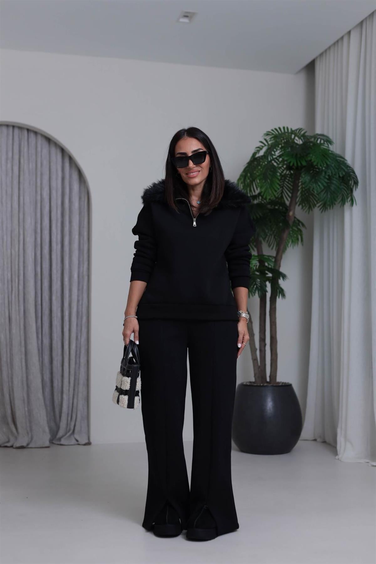 4066 Kürk Yakalı Şardonlu Takım SİYAH