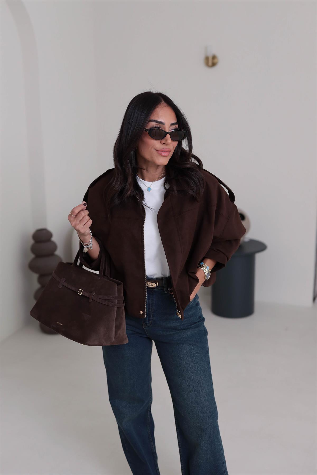 0493 Gömlek Yaka Apoletli Süet Bomber ACI KAHVE